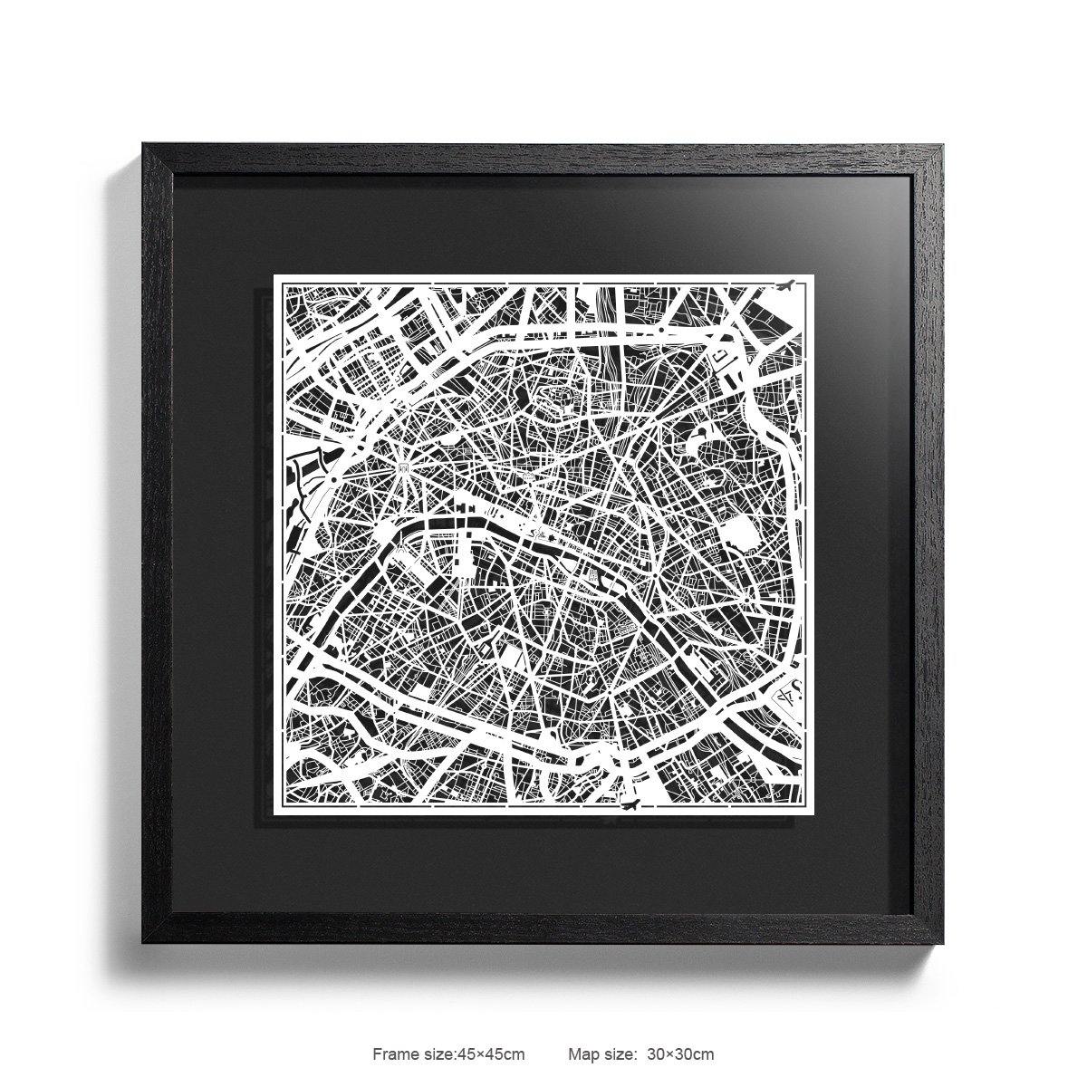 o3designstudio Paper cut maps framed  Paris Black Background color Black frame map art 45MF3002BWn-7