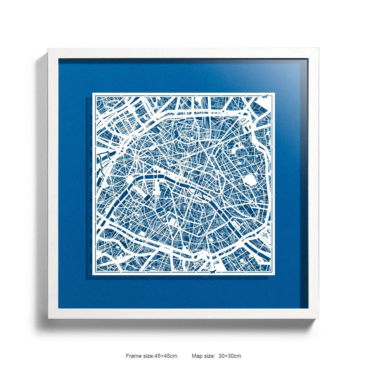o3designstudio Paper cut maps framed  Paris RoyalBlue Background color White frame map art 45MF3002WWn-5