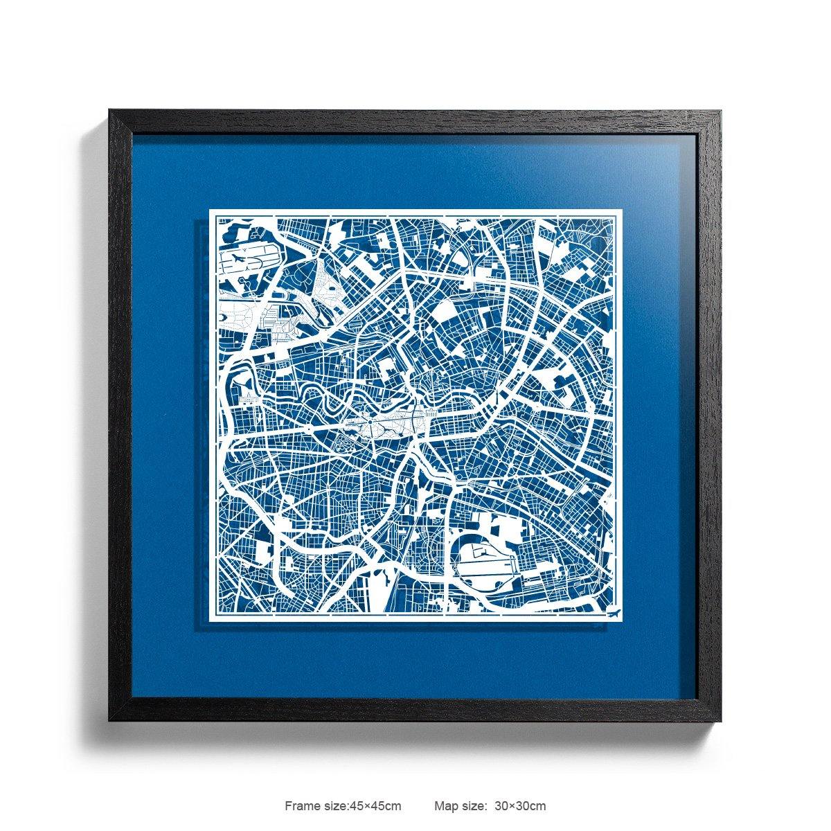 o3designstudio Paper cut maps framed  Berlin RoyalBlue Background color Black frame map art 45MF3003BWn-5