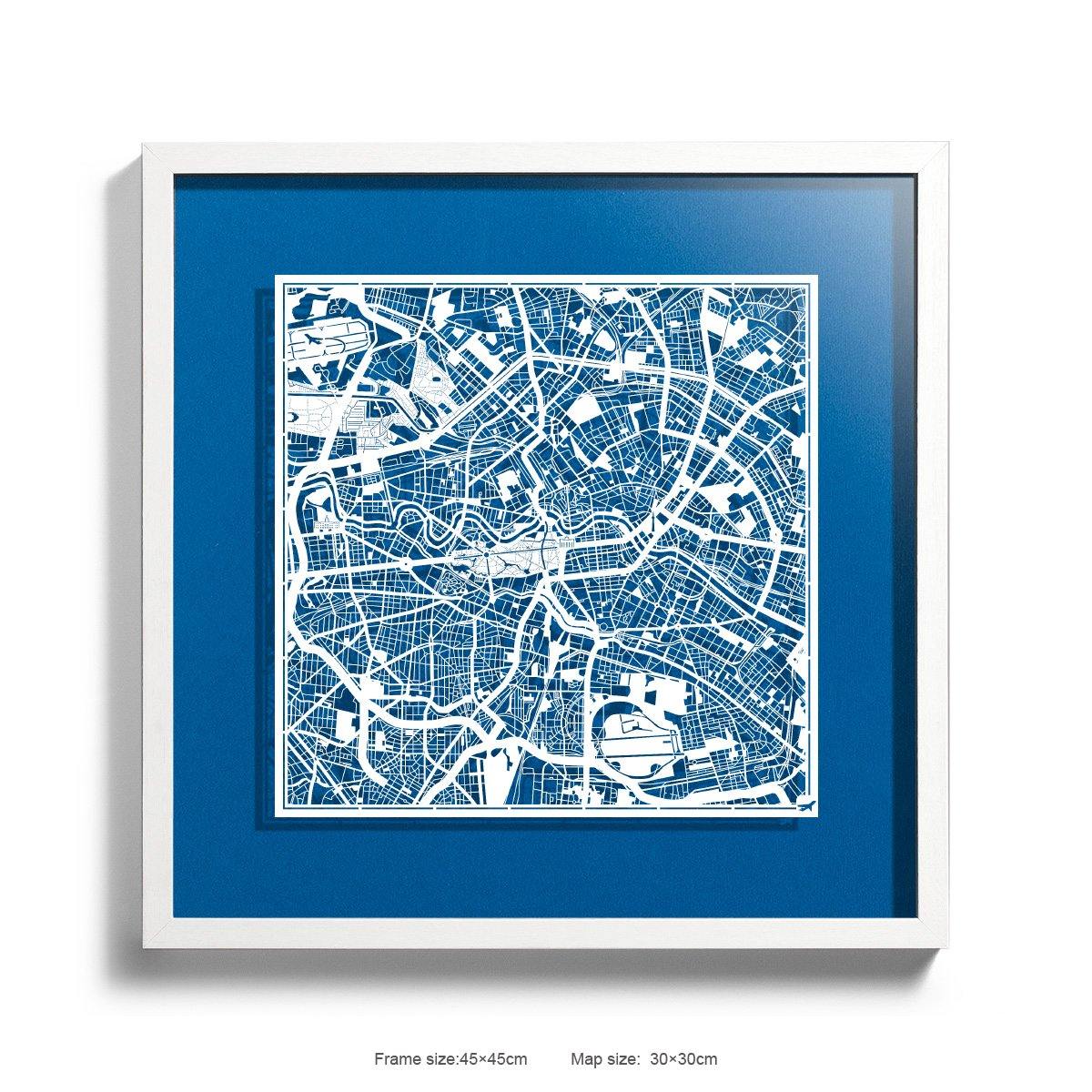 o3designstudio Paper cut maps framed  Berlin RoyalBlue Background color White frame map art 45MF3003WWn-5