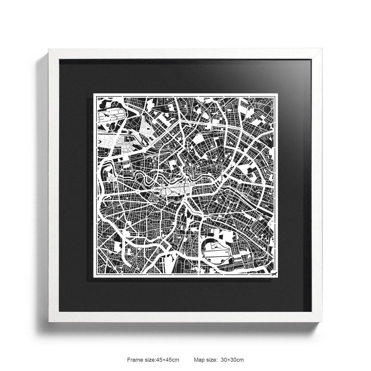 o3designstudio Paper cut maps framed  Berlin Black Background color White frame map art 45MF3003WWn-7