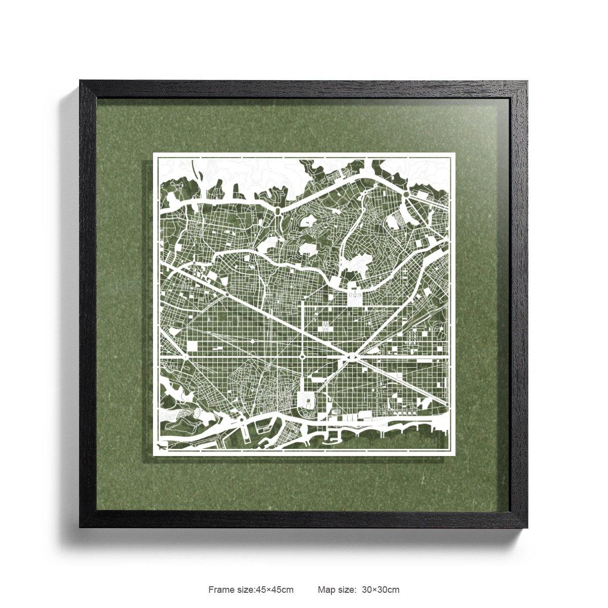 o3designstudio Paper cut maps framed  Barcelona Green Background color Black frame map art 45MF3005BWn-13