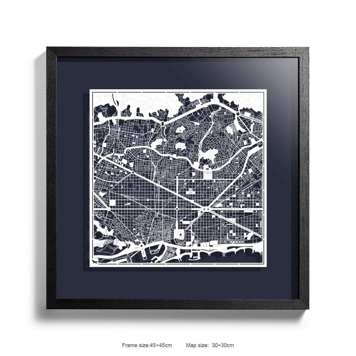 o3designstudio Paper cut maps framed  Barcelona MidnightBlue Background color Black frame map art 45MF3005BWn-4