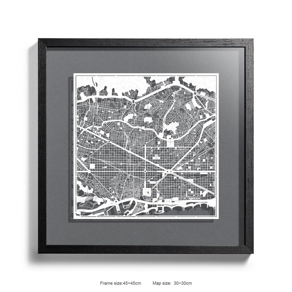 o3designstudio Paper cut maps framed  Barcelona Gray Background color Black frame map art 45MF3005BWn-8