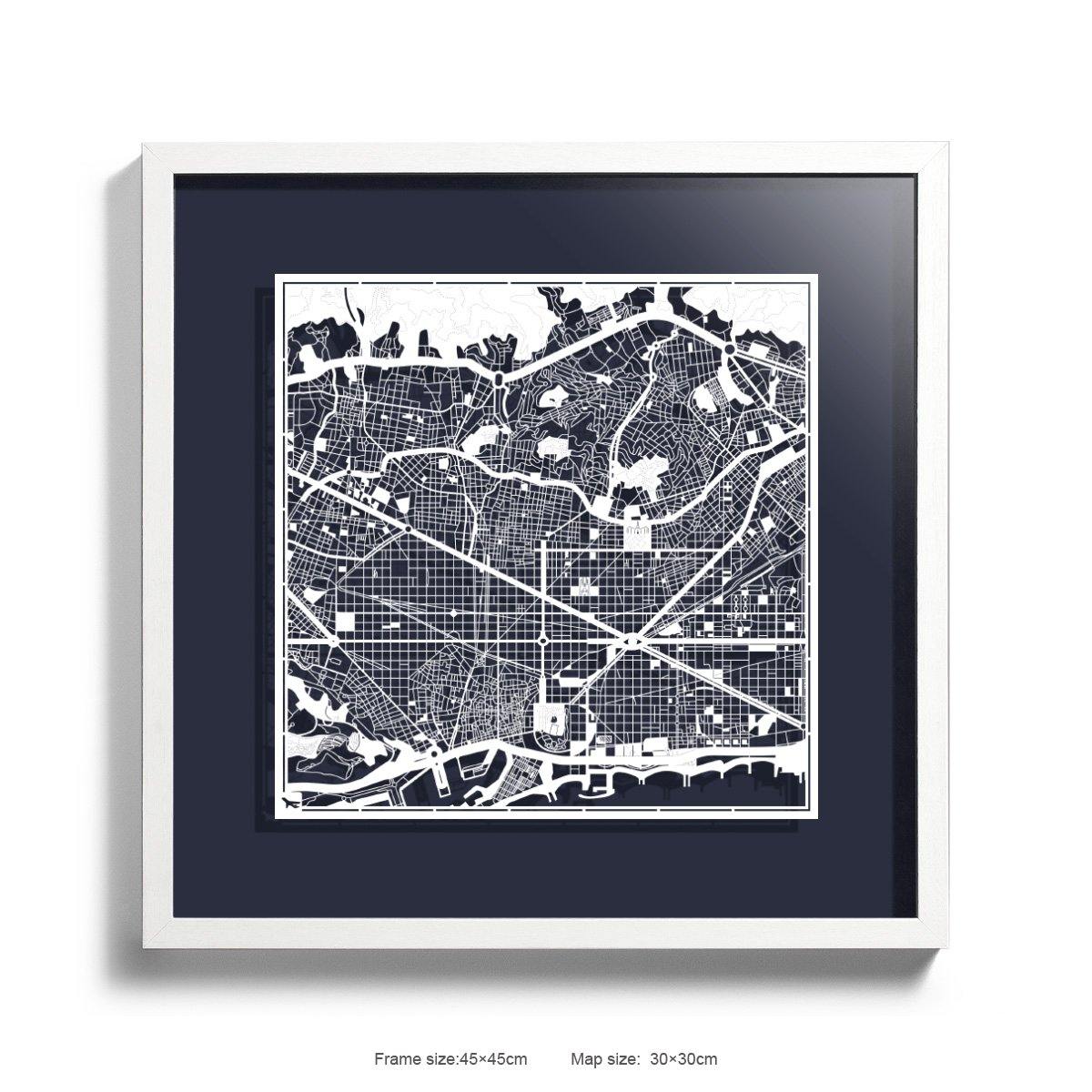 o3designstudio Paper cut maps framed  Barcelona MidnightBlue Background color White frame map art 45MF3005WWn-4