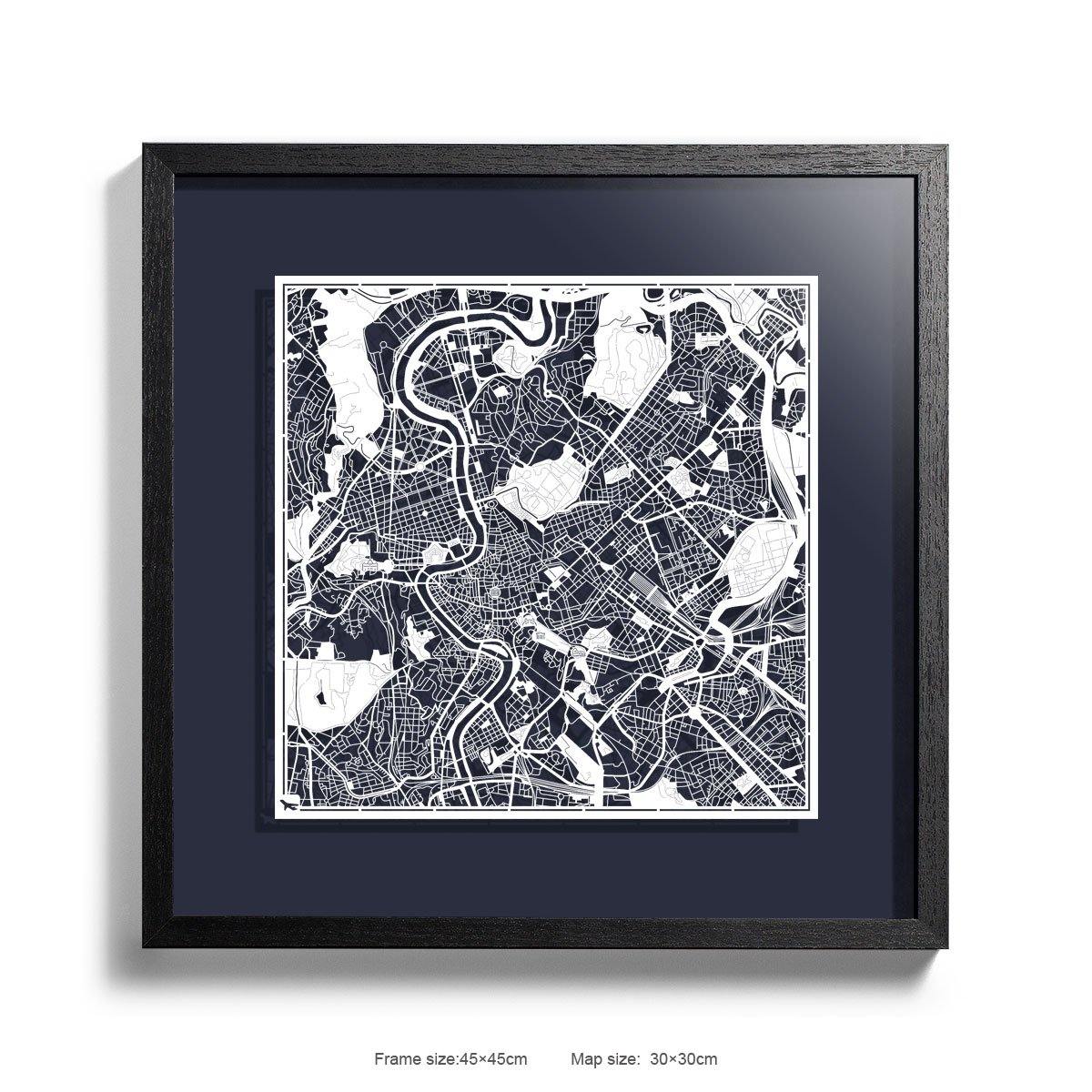 o3designstudio Paper cut maps framed  Rome MidnightBlue Background color Black frame map art 45MF3007BWn-4