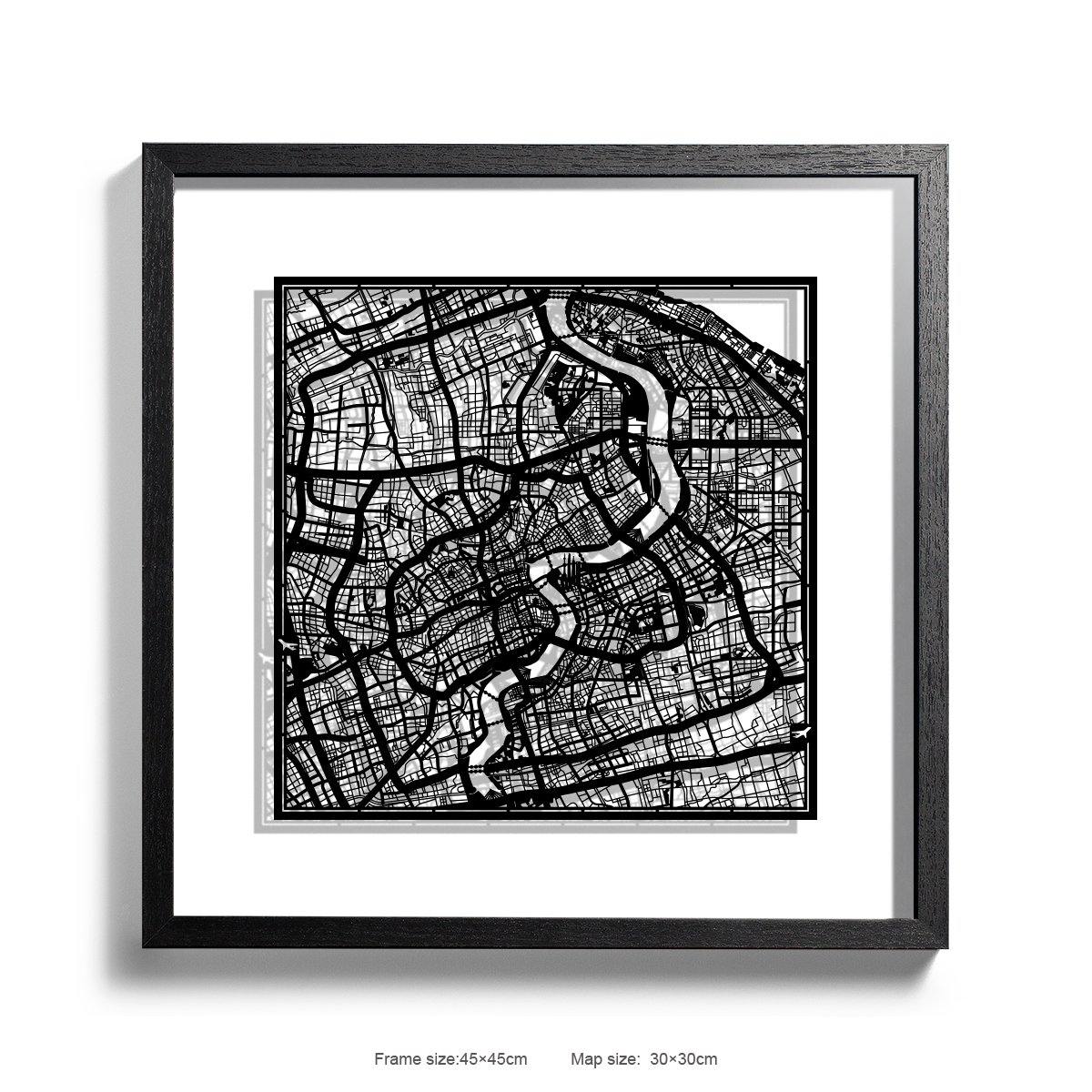 o3designstudio Paper cut map framed  Shanghai White Background color Black frame 45MF1002BBn-0 map art 45MF1002BBn-0