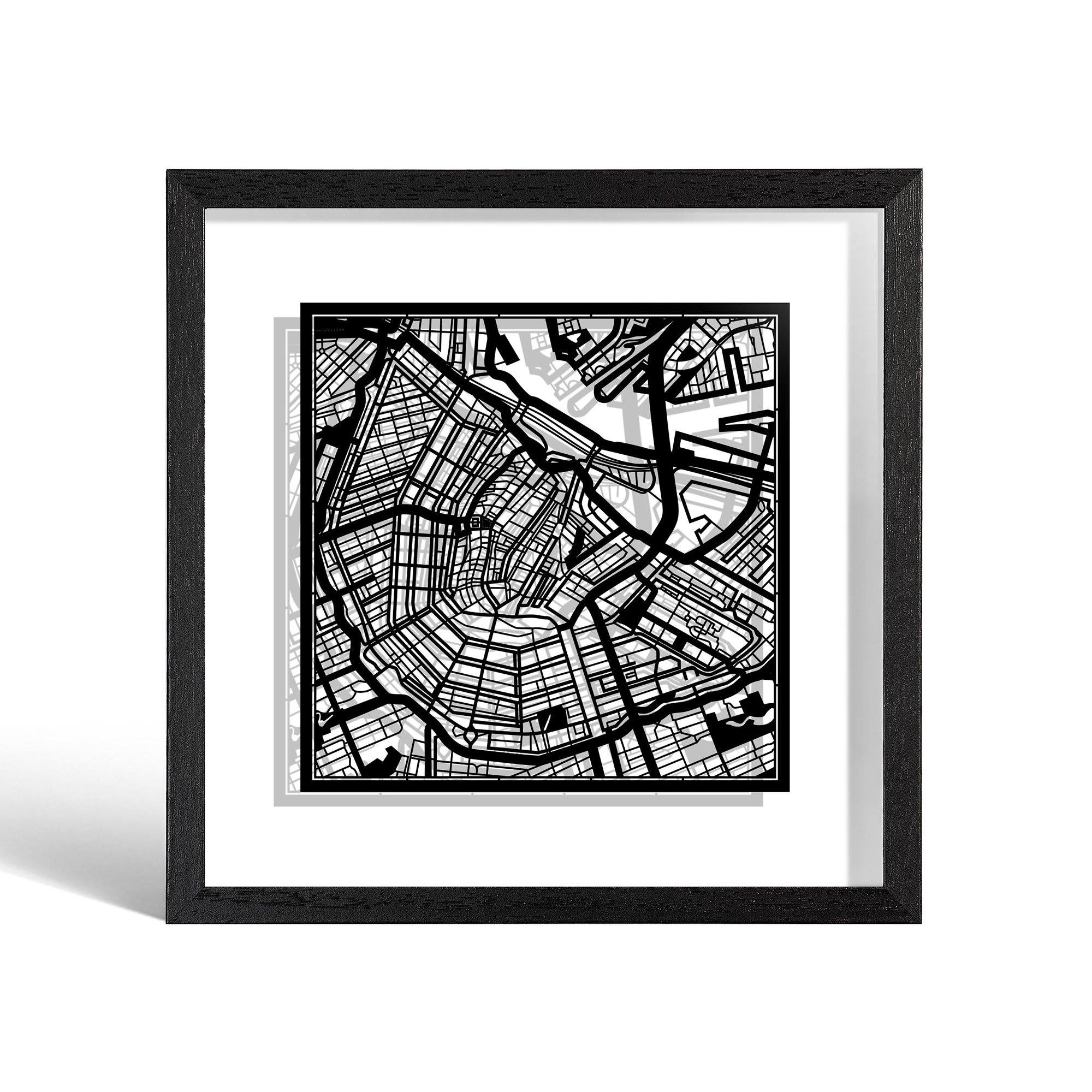 o3designstudio Amsterdam Paper cut map framed 9 inch Black map Black frame map art 22MF3004BB