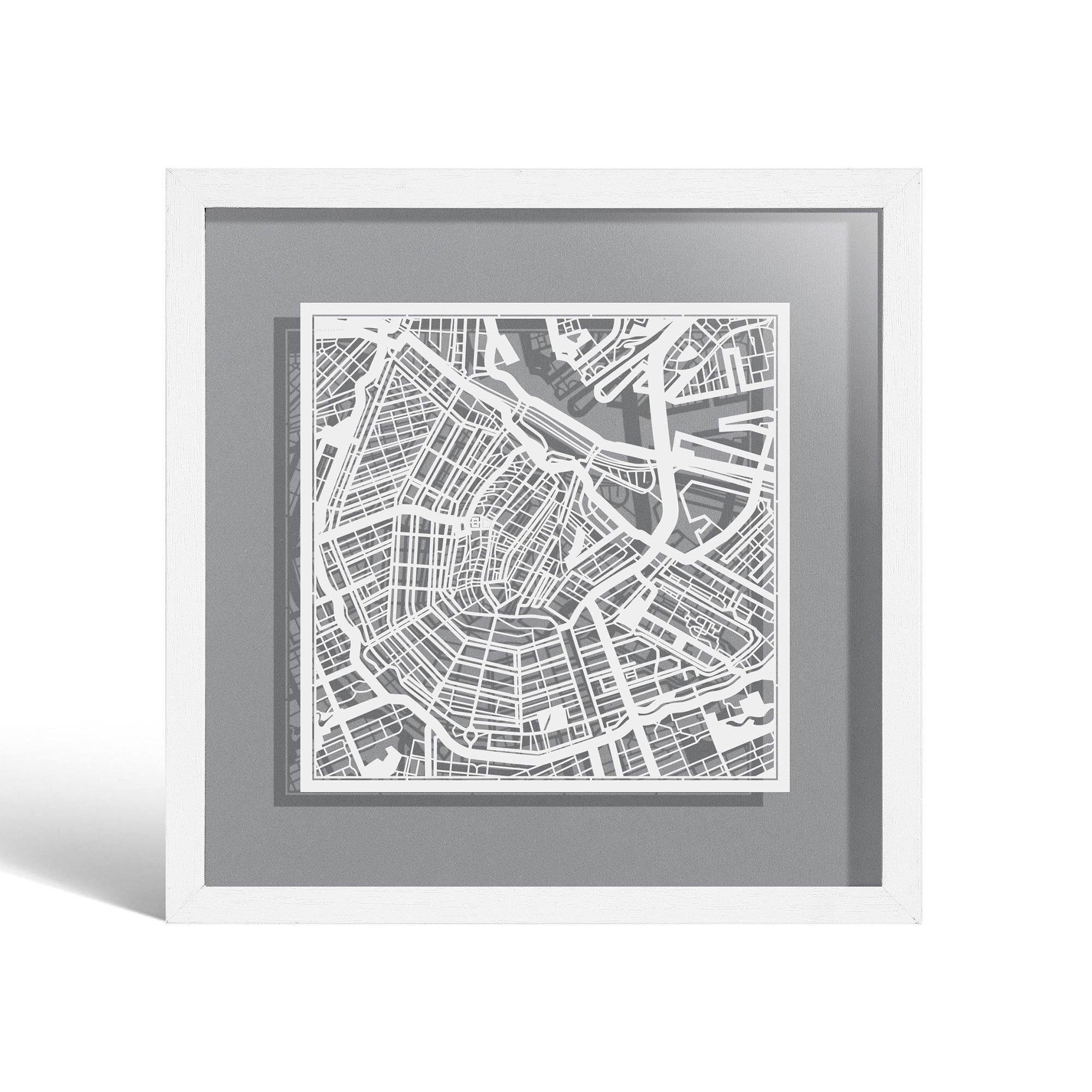 o3designstudio Amsterdam Paper cut map framed 9 inch White map White frame map art 22MF3004WW