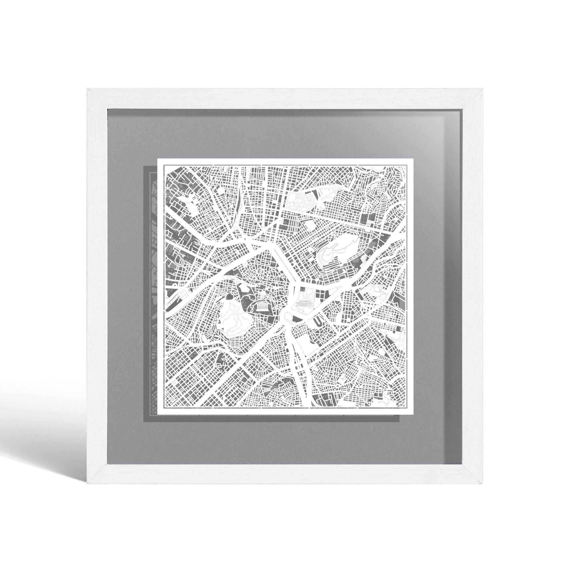 o3designstudio Athens Paper cut map framed 9 inch White map White frame map art 22MF3008WW