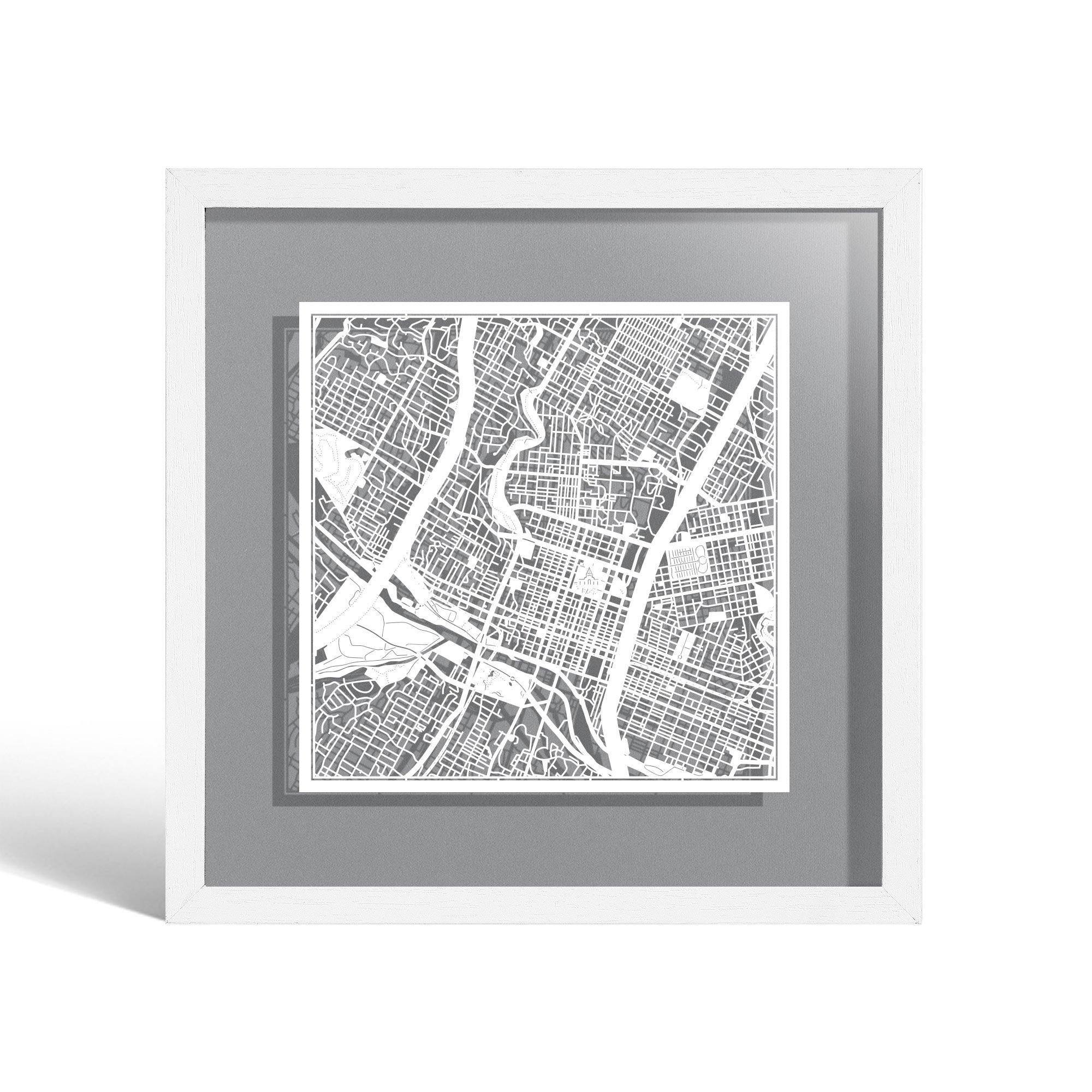 o3designstudio Austin Paper cut map framed 9 inch White map White frame map art 22MF2026WW