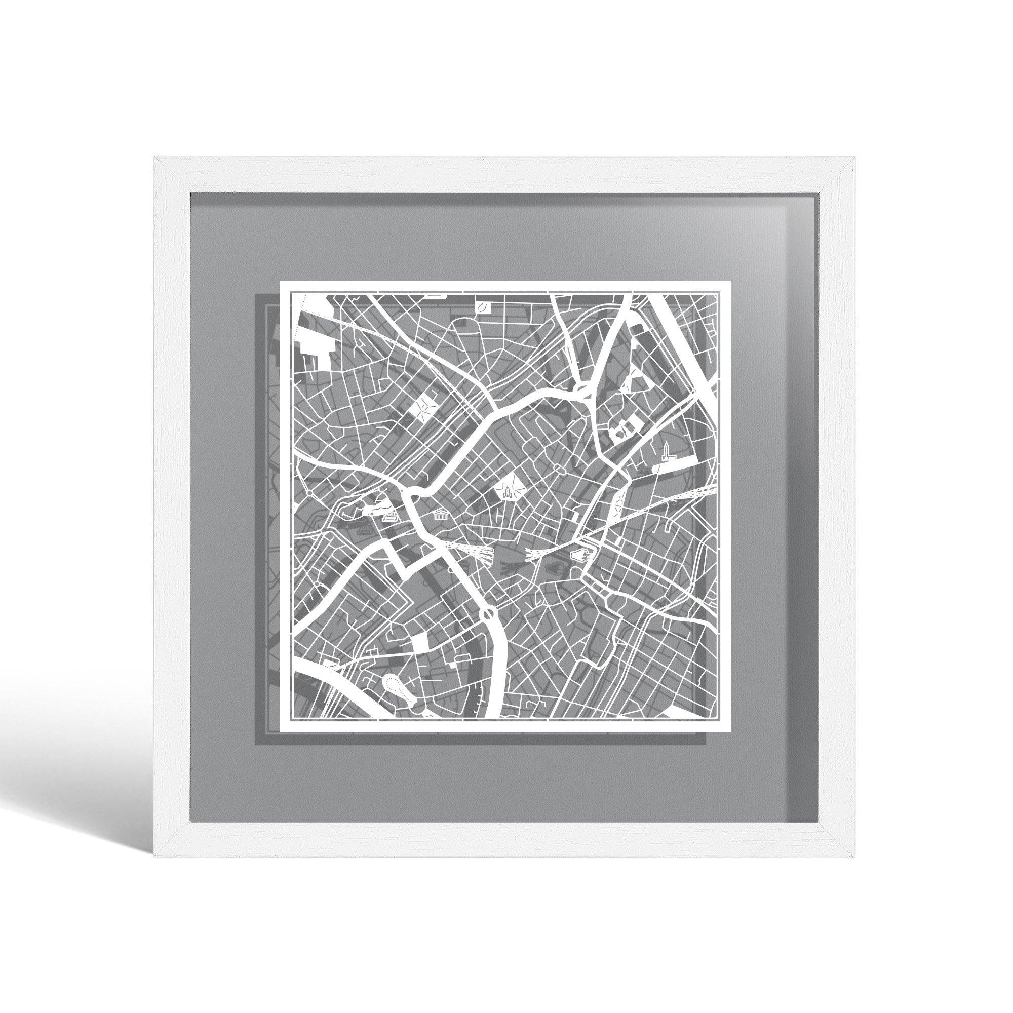 o3designstudio Birmingham Paper cut map framed 9 inch White map White frame map art 22MF3046WW