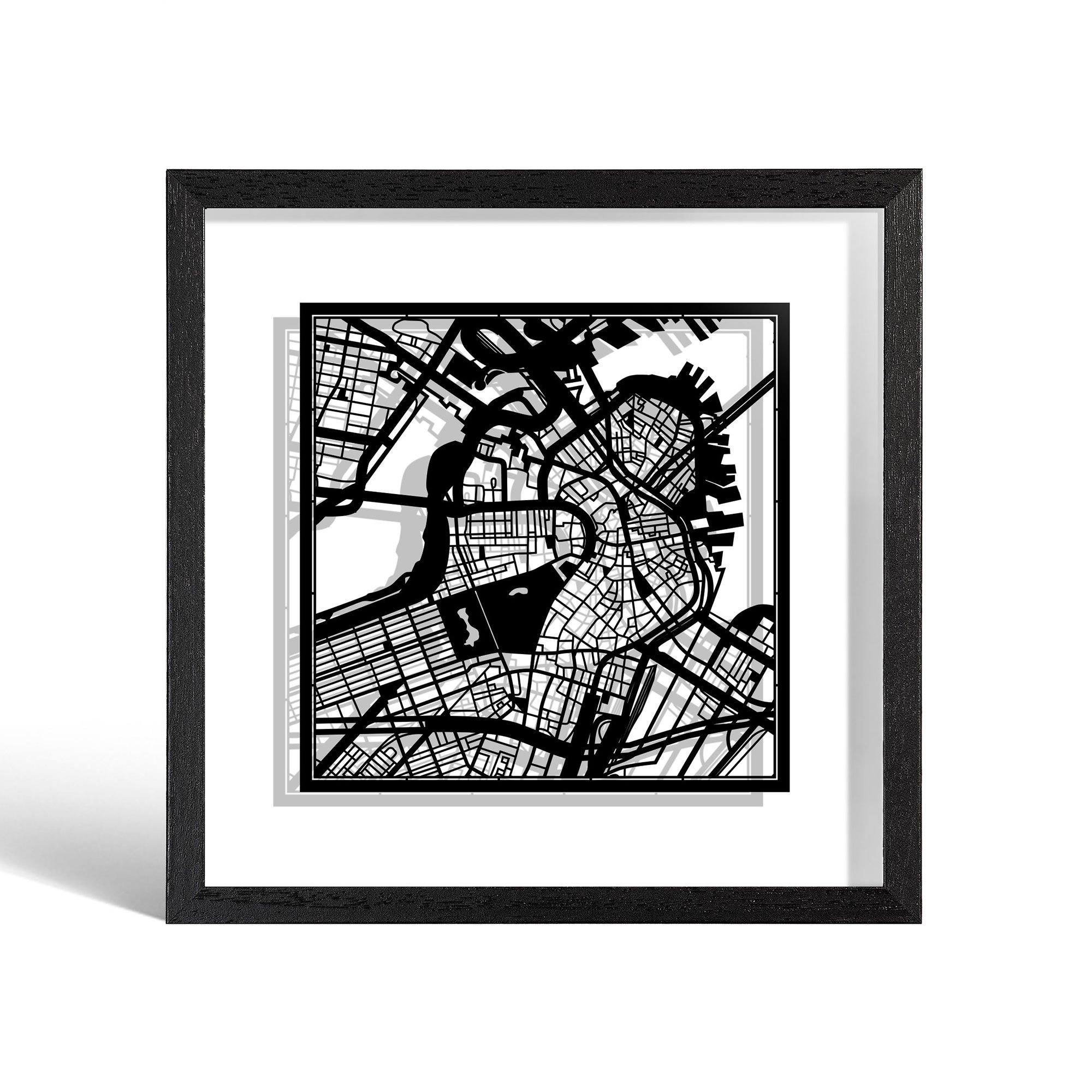 o3designstudio Boston Paper cut map framed 9 inch Black map Black frame map art 22MF2004BB