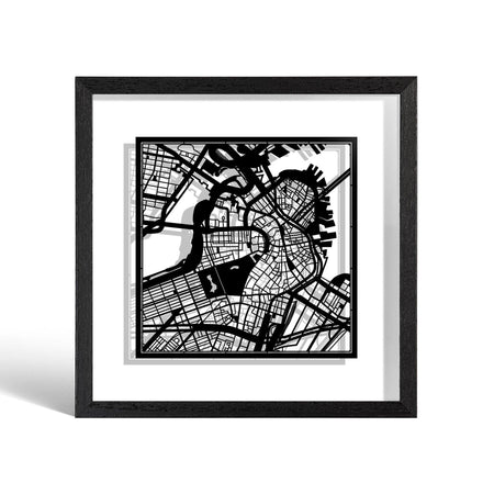 o3designstudio Boston Paper cut map framed 9 in White map White frame map art side face 22MF2004WW