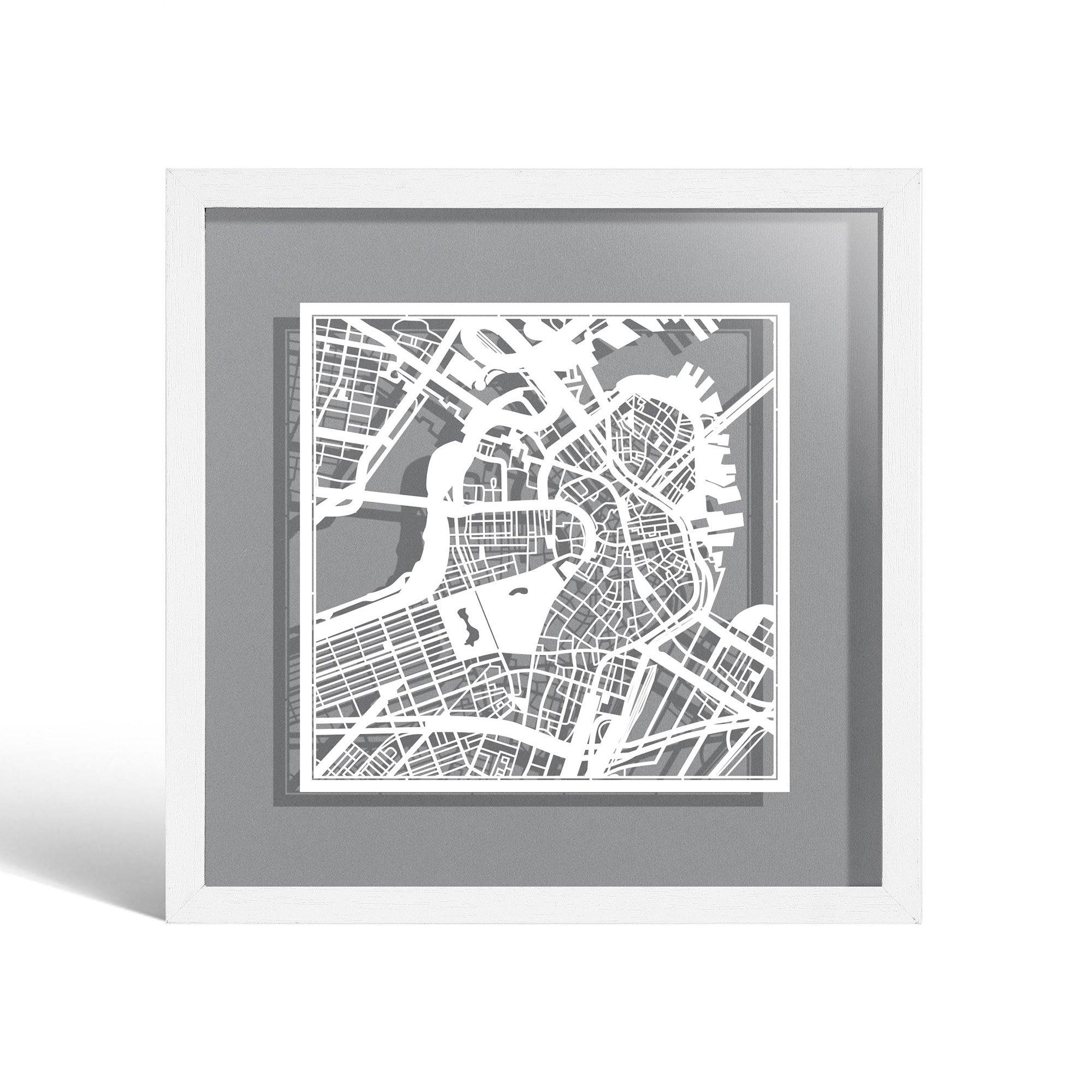 o3designstudio Boston Paper cut map framed 9 inch White map White frame map art 22MF2004WW
