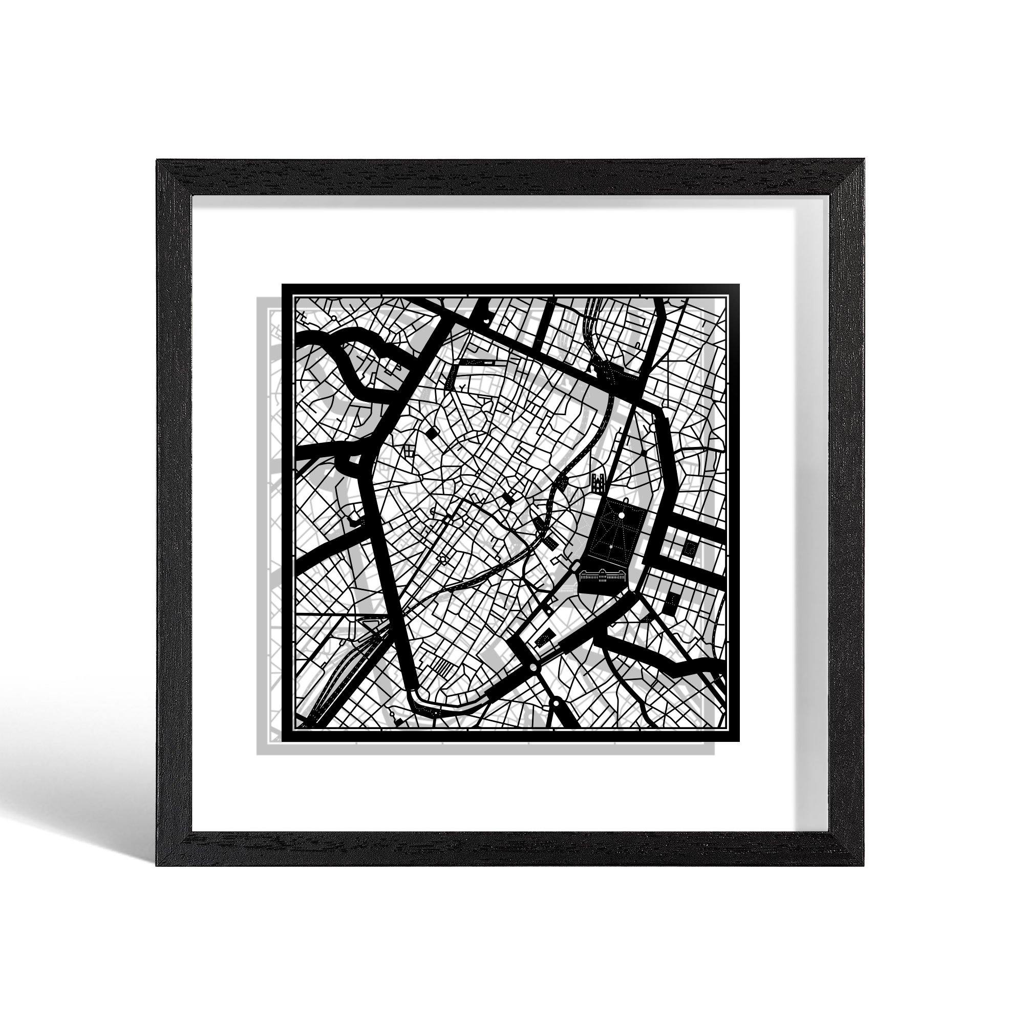o3designstudio Brussels Paper cut map framed 9 inch Black map Black frame map art 22MF3012BB