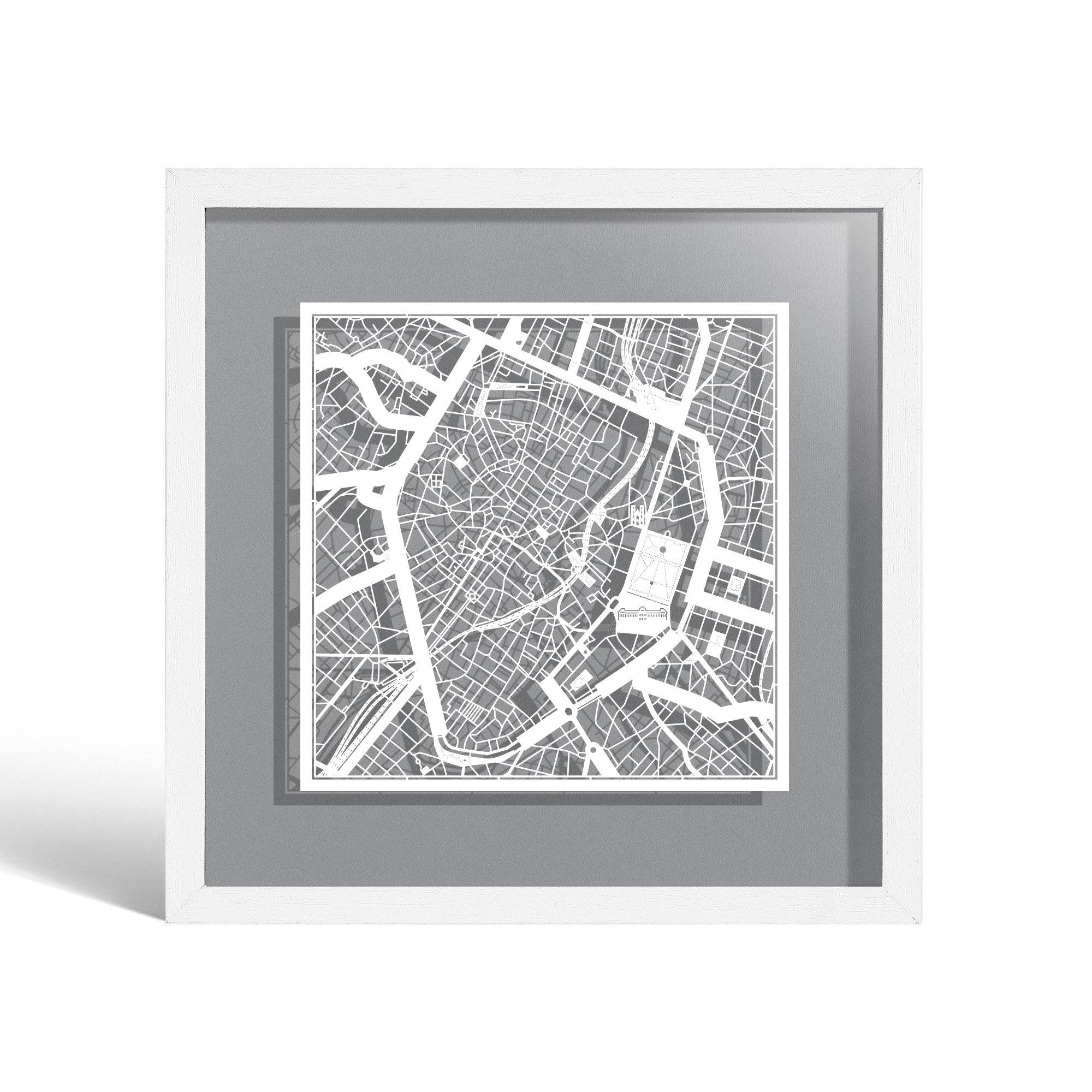 o3designstudio Brussels Paper cut map framed 9 inch White map White frame map art 22MF3012WW