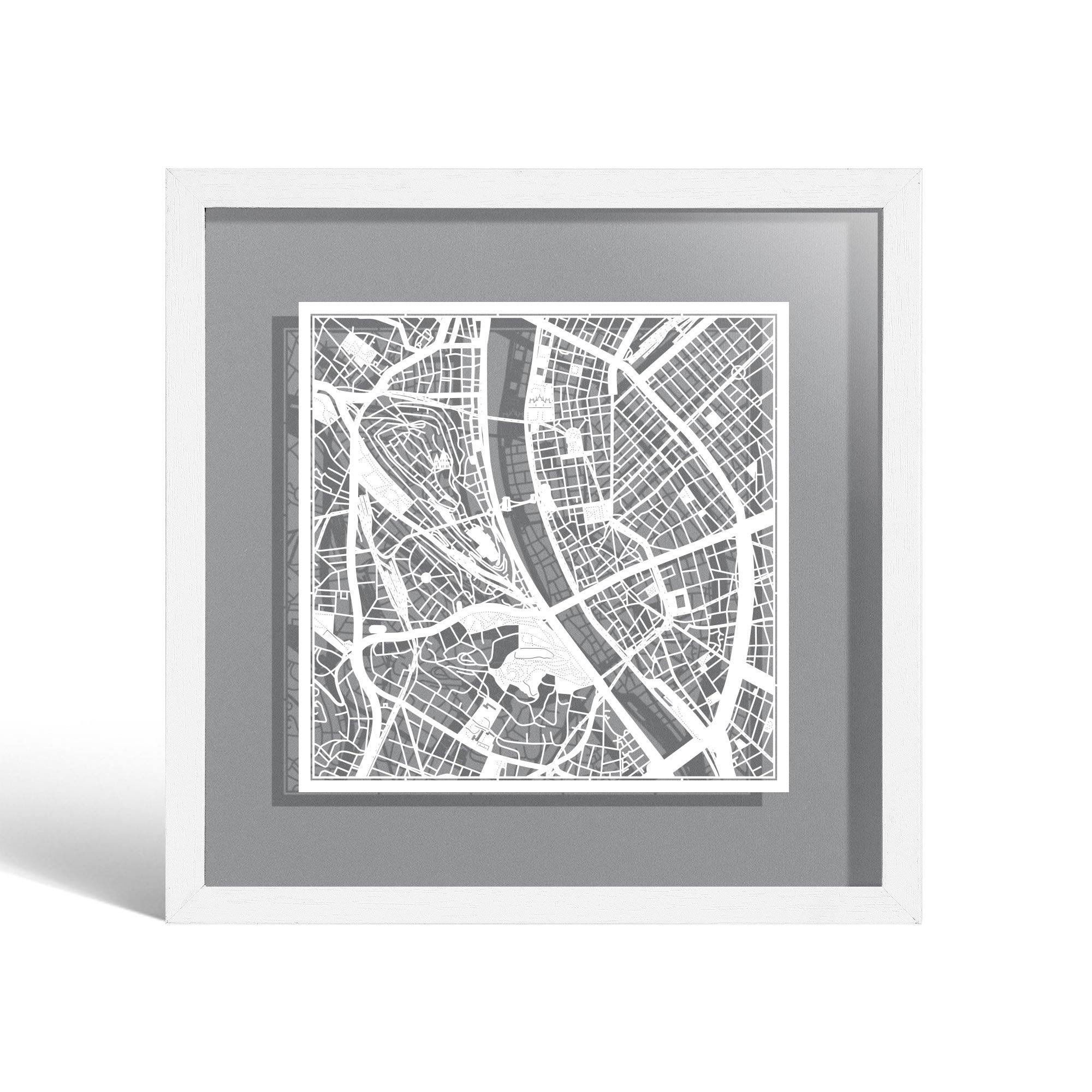 o3designstudio Budapest Paper cut map framed 9 inch White map White frame map art 22MF3016WW