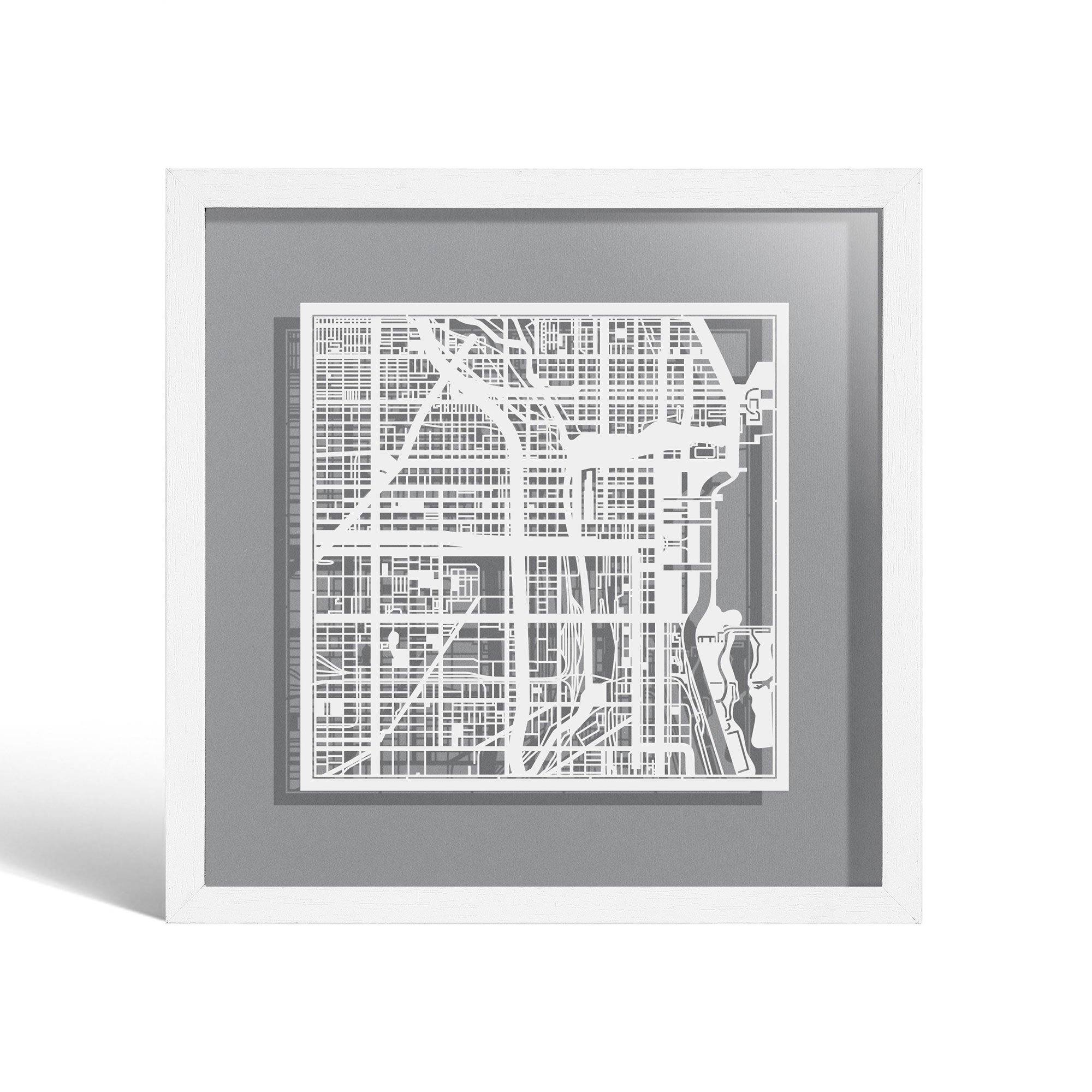 o3designstudio Chicago Paper cut map framed 9 inch White map White frame map art 22MF2003WW