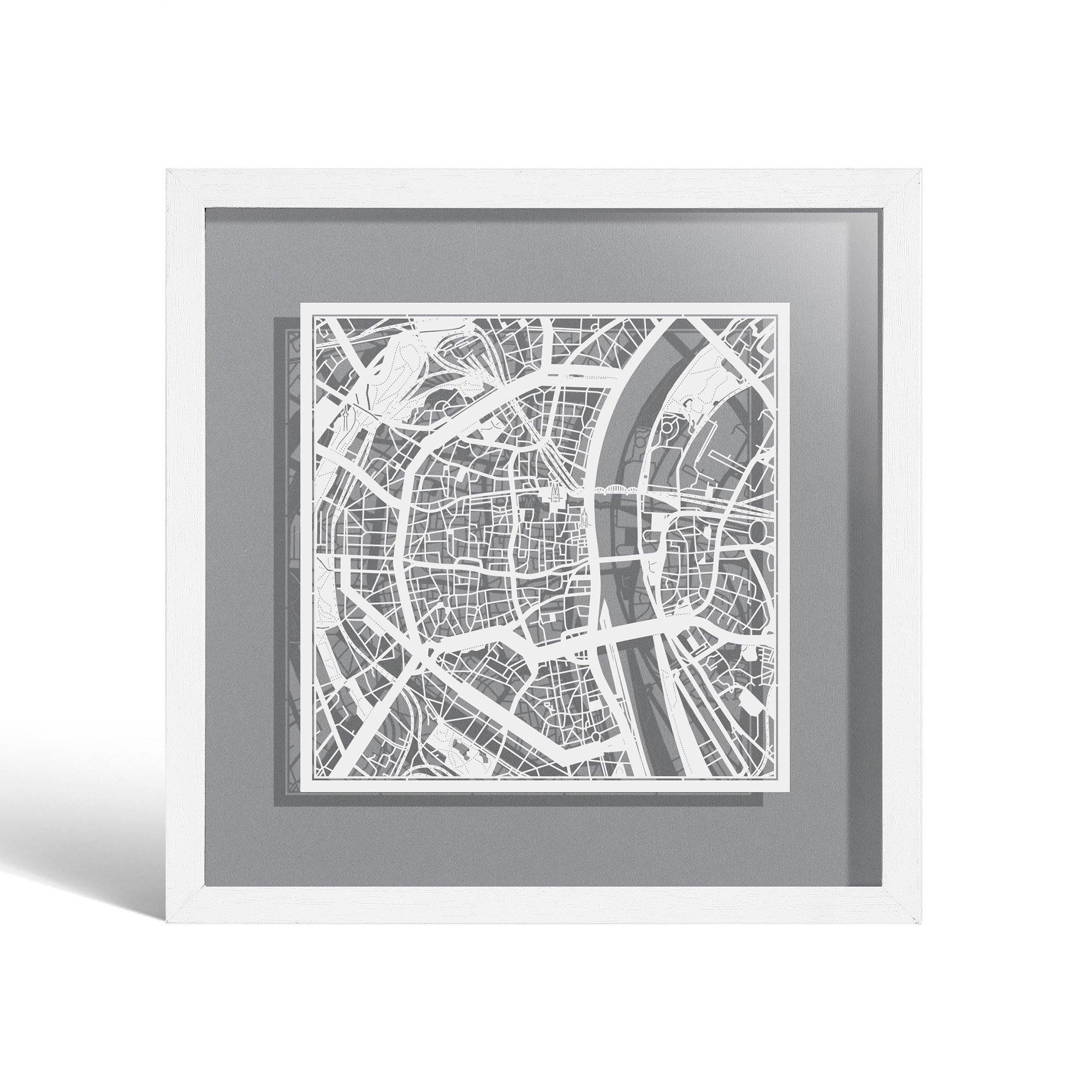 o3designstudio Cologne Paper cut map framed 9 inch White map White frame map art 22MF3037WW