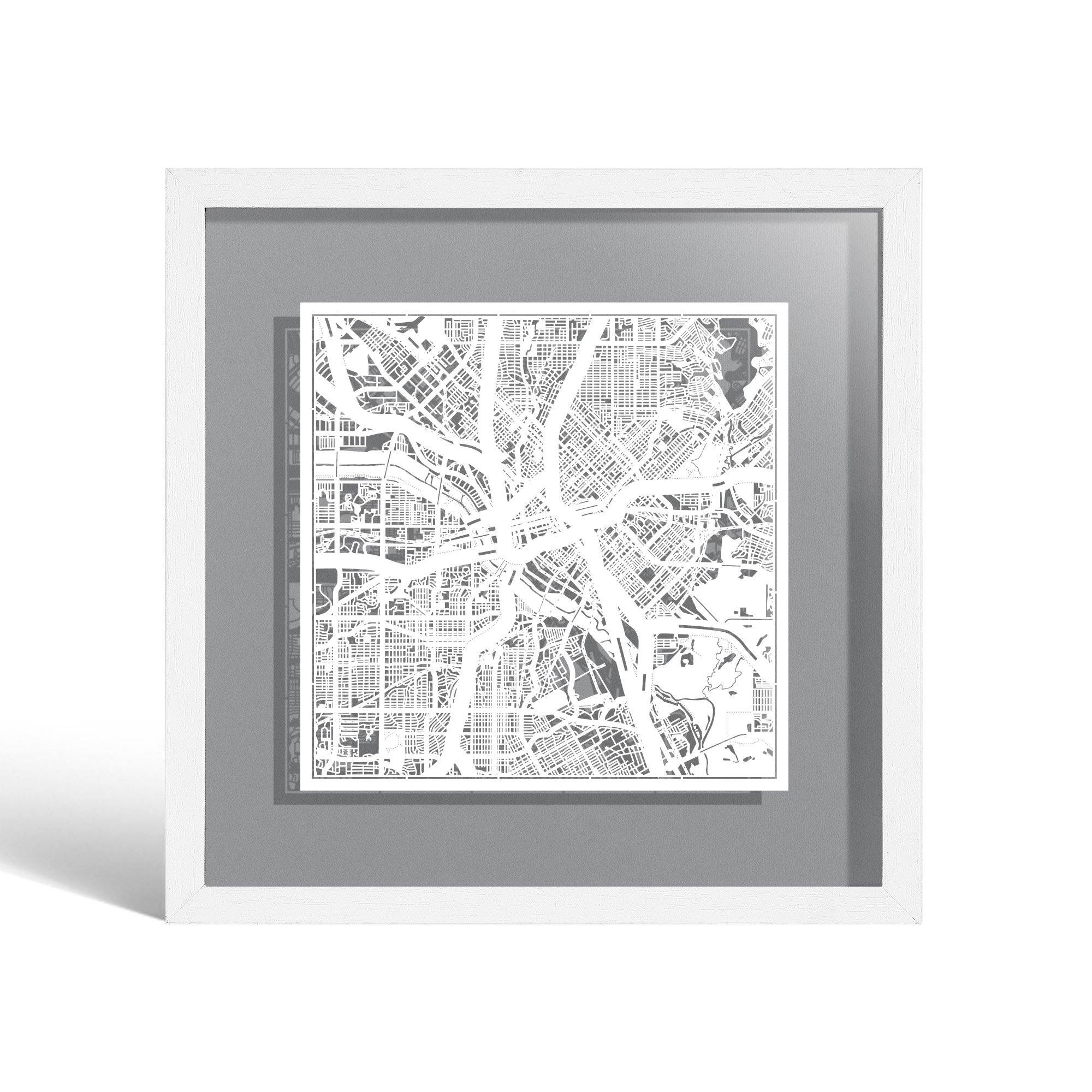 o3designstudio Dallas Paper cut map framed 9 inch White map White frame map art 22MF2015WW