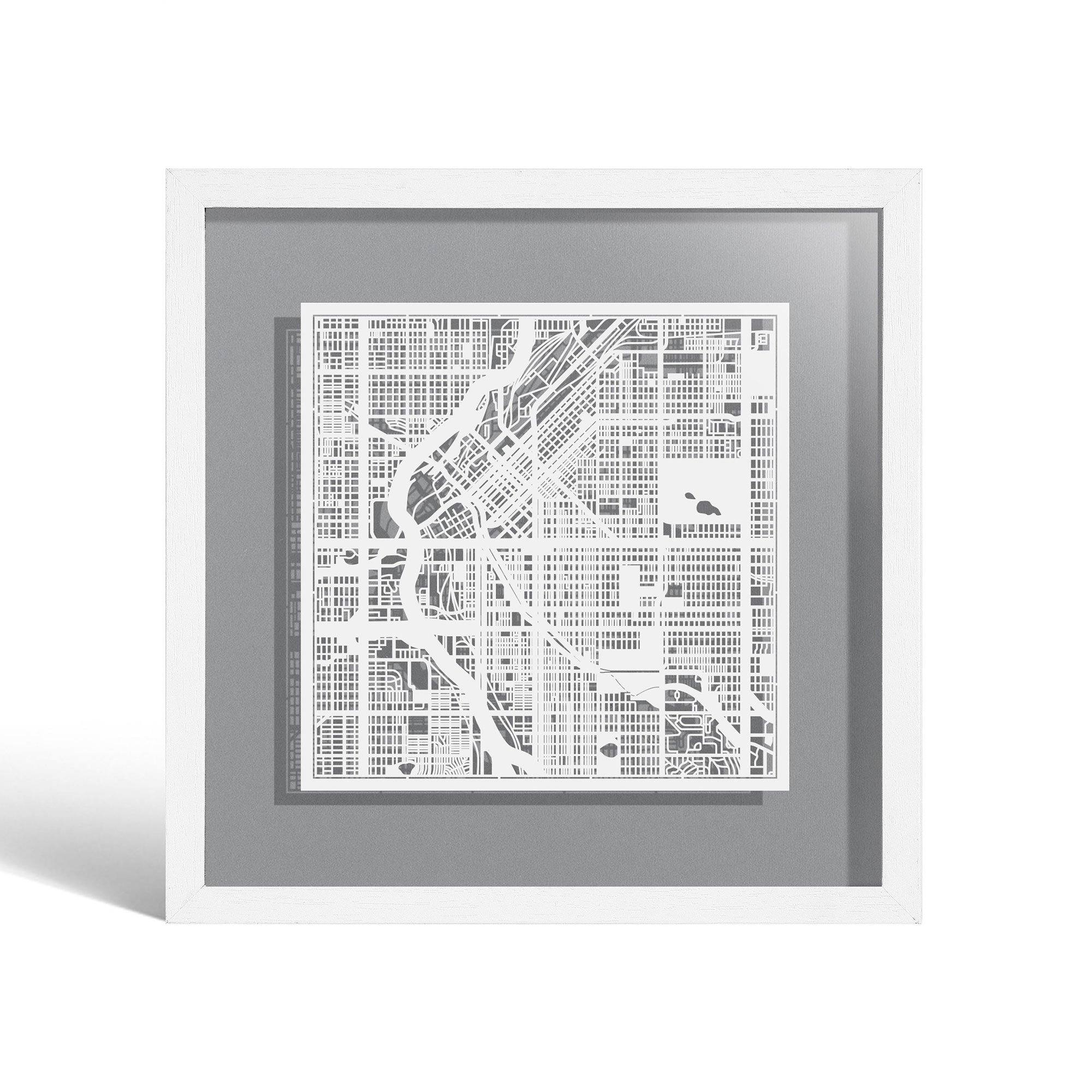 o3designstudio Denver Paper cut map framed 9 inch White map White frame map art 22MF2018WW