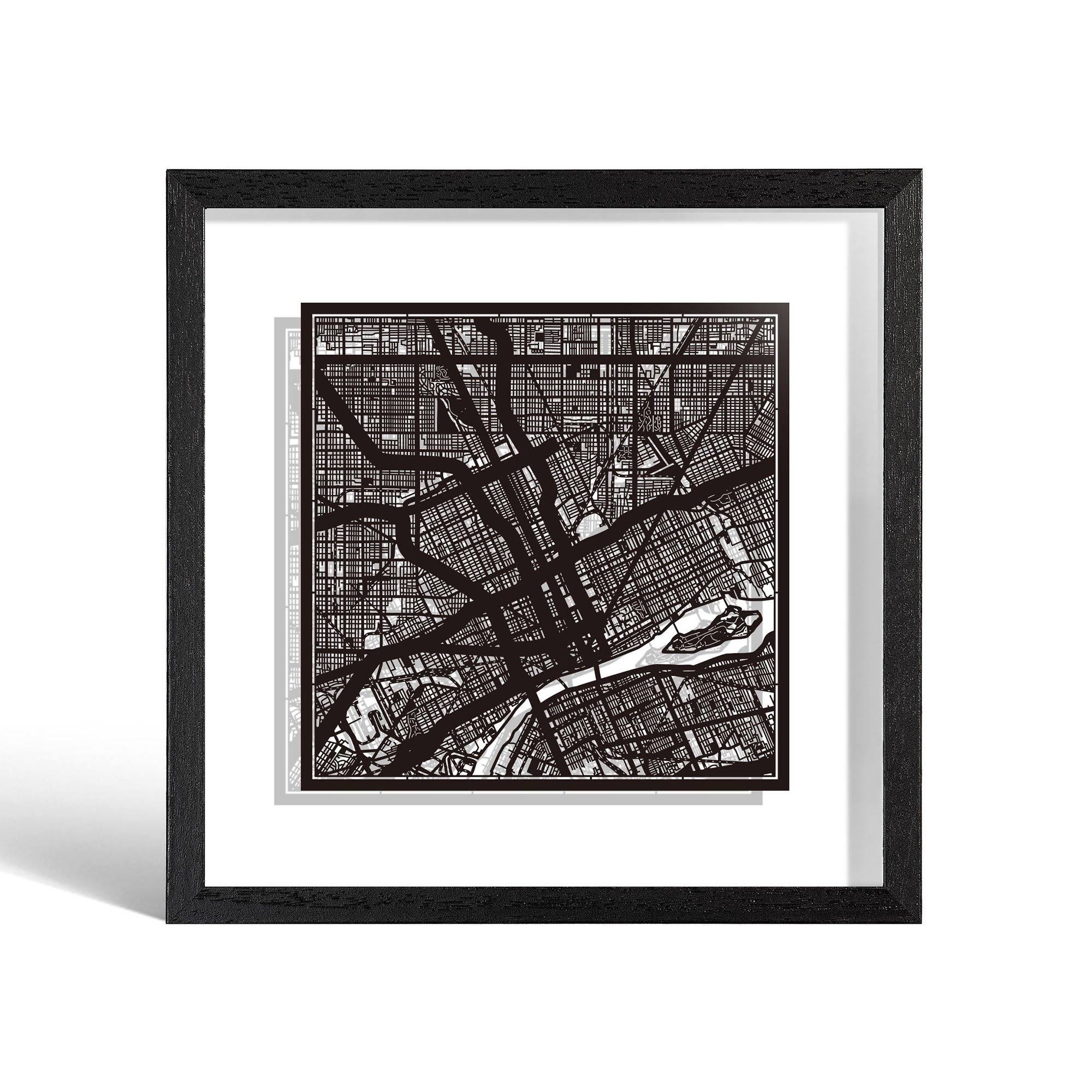 o3designstudio Detroit Paper cut map framed 9 inch Black map Black frame map art 22MF2023BB