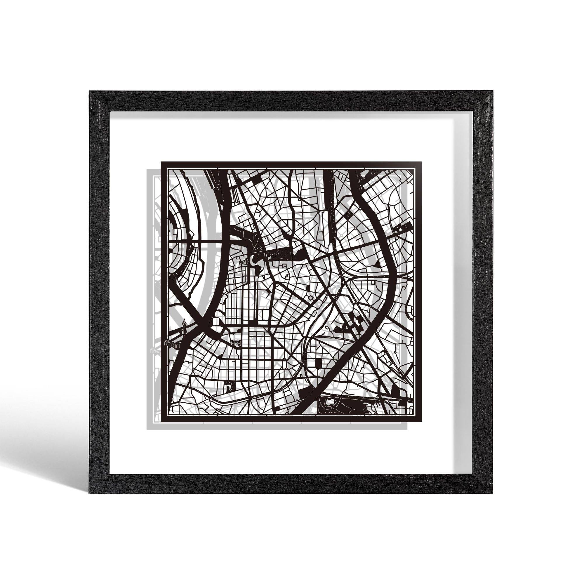 o3designstudio Dusseldorf Paper cut map framed 9 inch Black map Black frame map art 22MF3052BB