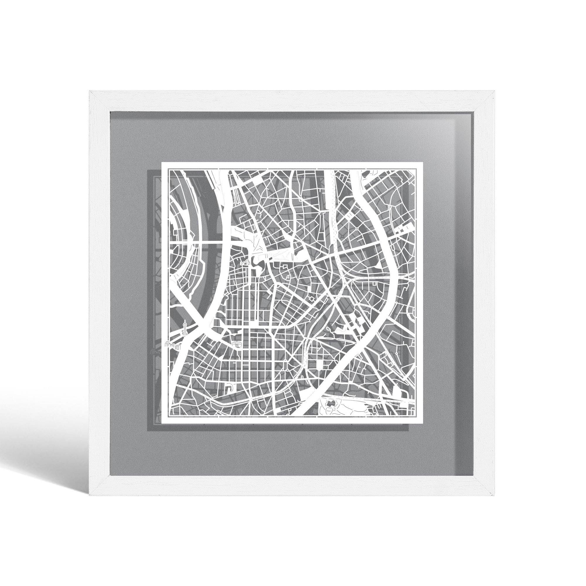 o3designstudio Dusseldorf Paper cut map framed 9 inch White map White frame map art 22MF3052WW