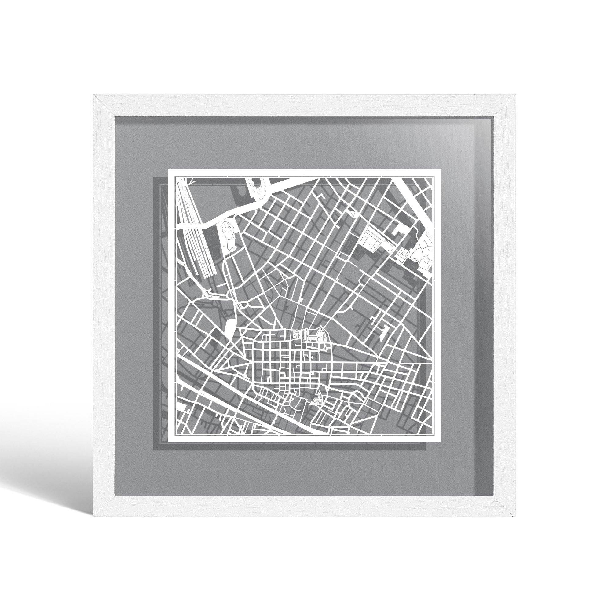 o3designstudio Firenze Paper cut map framed 9 inch White map White frame map art 22MF3040WW