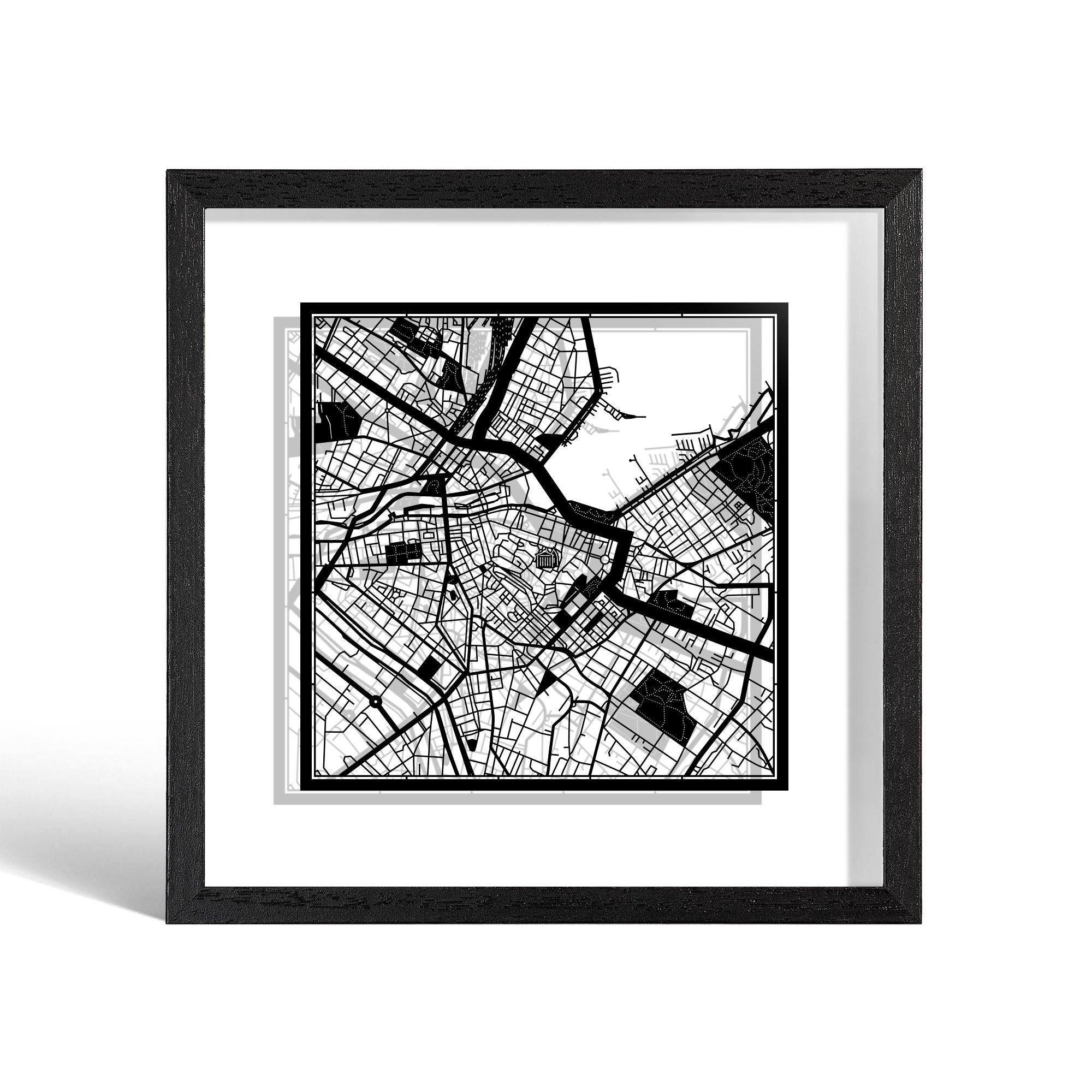 o3designstudio Geneva Paper cut map framed 9 inch Black map Black frame map art 22MF3059BB