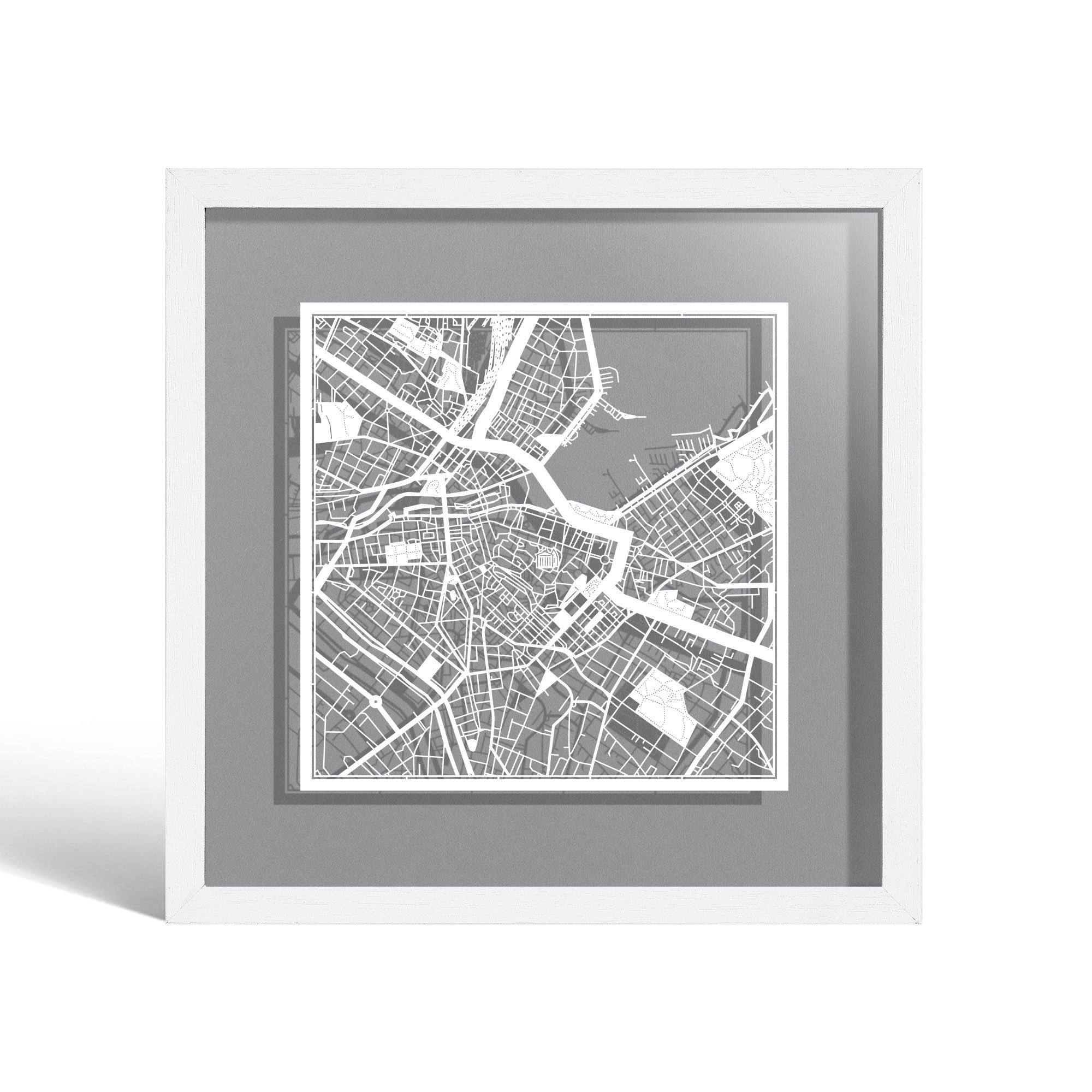o3designstudio Geneva Paper cut map framed 9 inch White map White frame map art 22MF3059WW