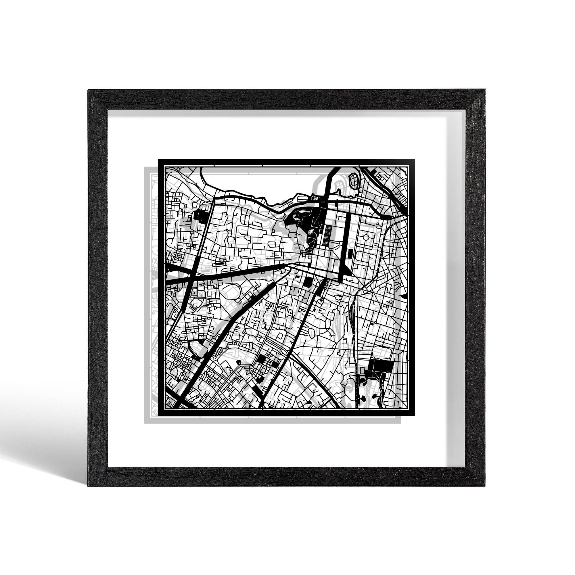 o3designstudio Hanoi Paper cut map framed 9 inch Black map Black frame map art 22MF1030BB