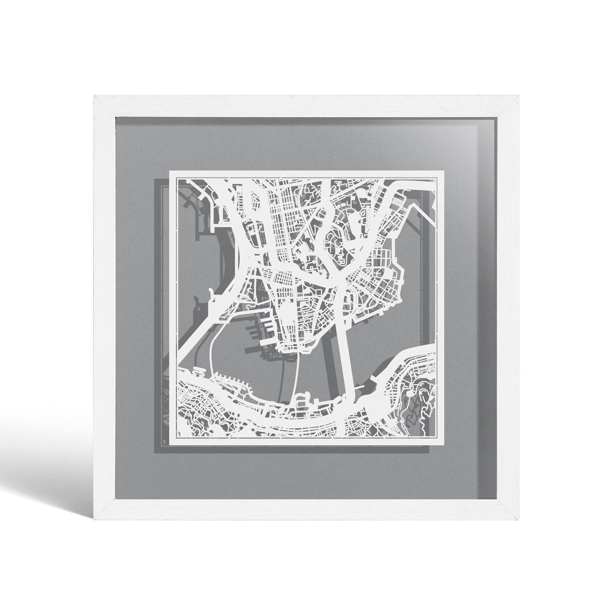 o3designstudio Hong Kong Paper cut map framed 9 inch White map White frame map art 22MF1005WW