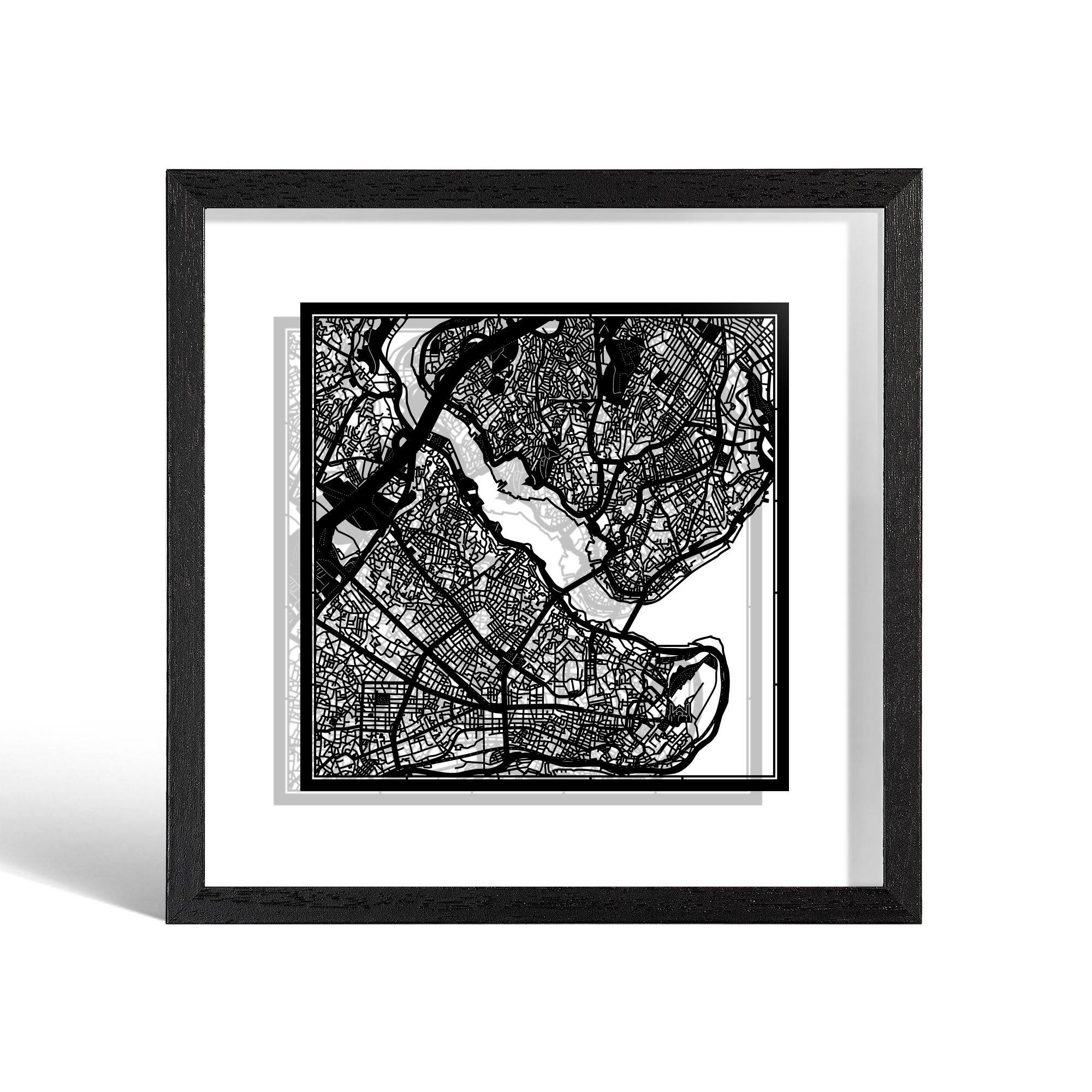 o3designstudio Istanbul Paper cut map framed 9 inch Black map Black frame map art 22MF1009BB