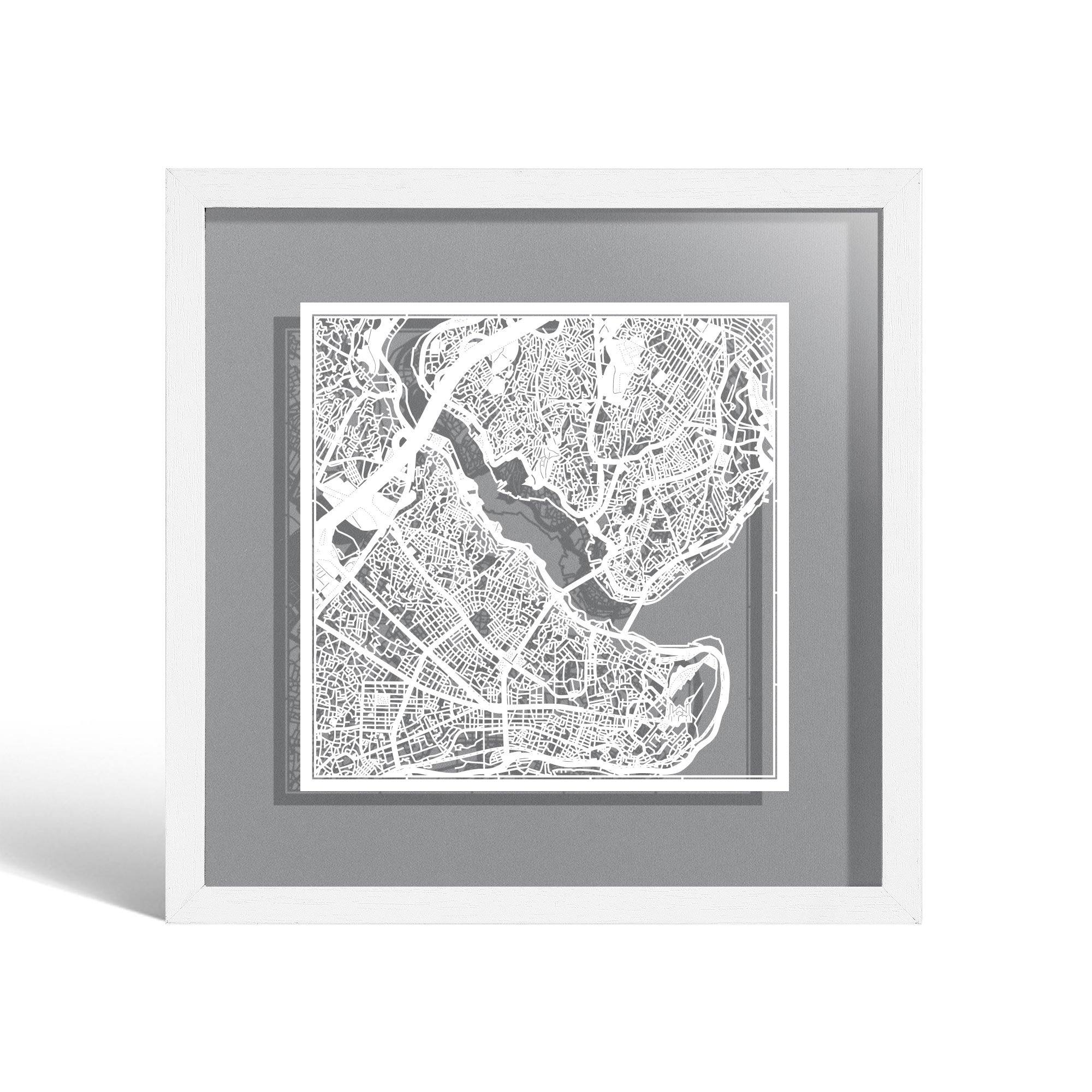 o3designstudio Istanbul Paper cut map framed 9 inch White map White frame map art 22MF1009WW