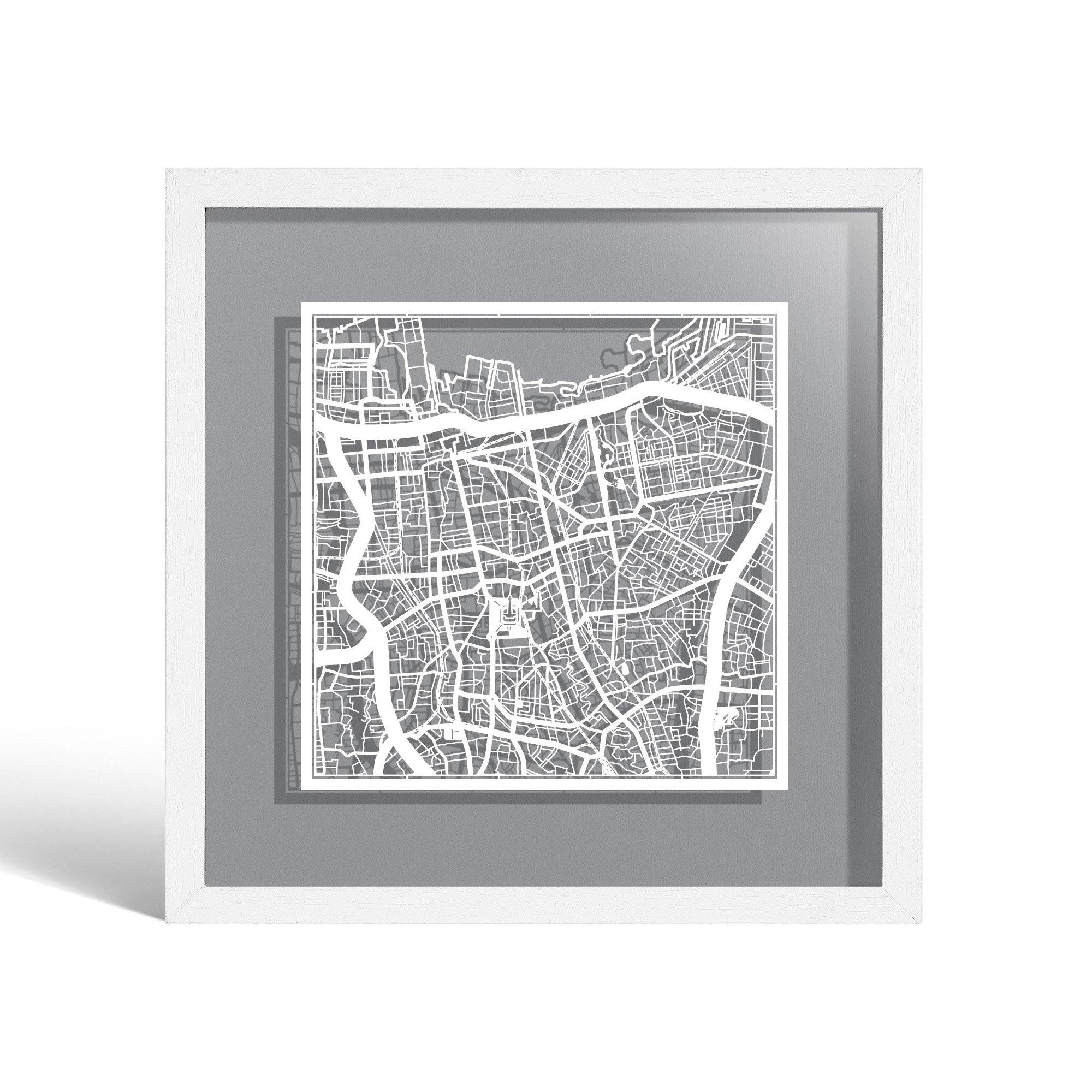 o3designstudio Jakarta Paper cut map framed 9 inch White map White frame map art 22MF1018WW