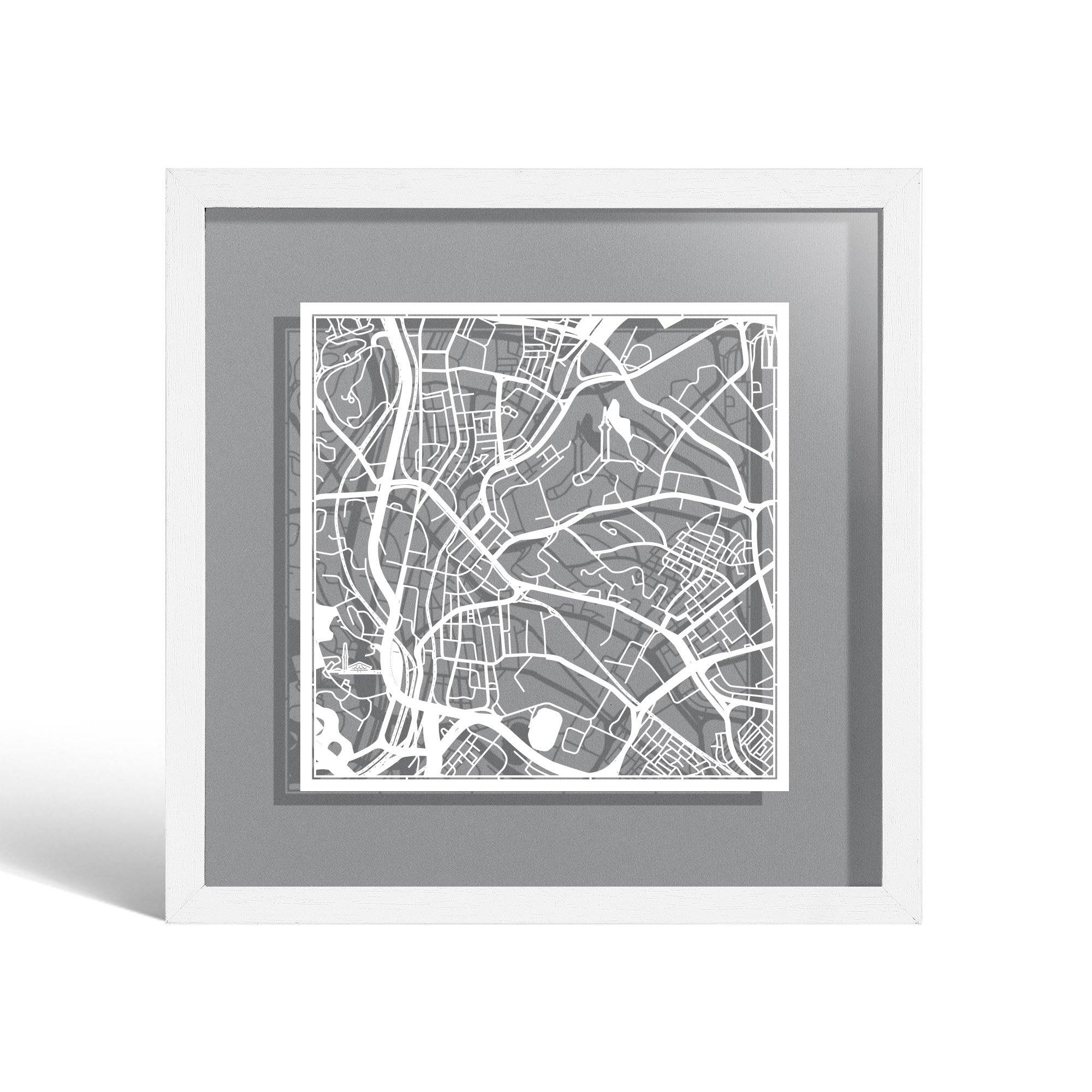 o3designstudio Kuala Lumpur Paper cut map framed 9 inch White map White frame map art 22MF1017WW