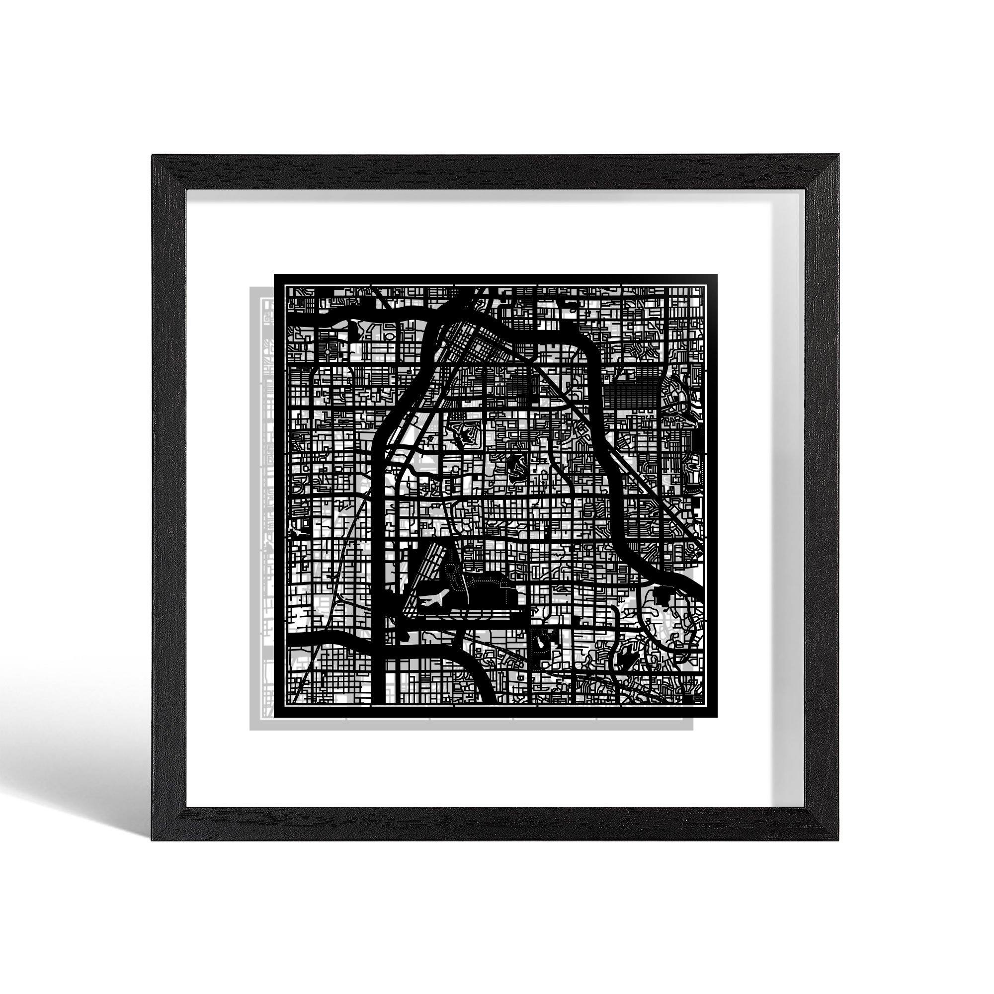 o3designstudio Las Vegas Paper cut map framed 9 inch Black map Black frame map art 22MF2012BB