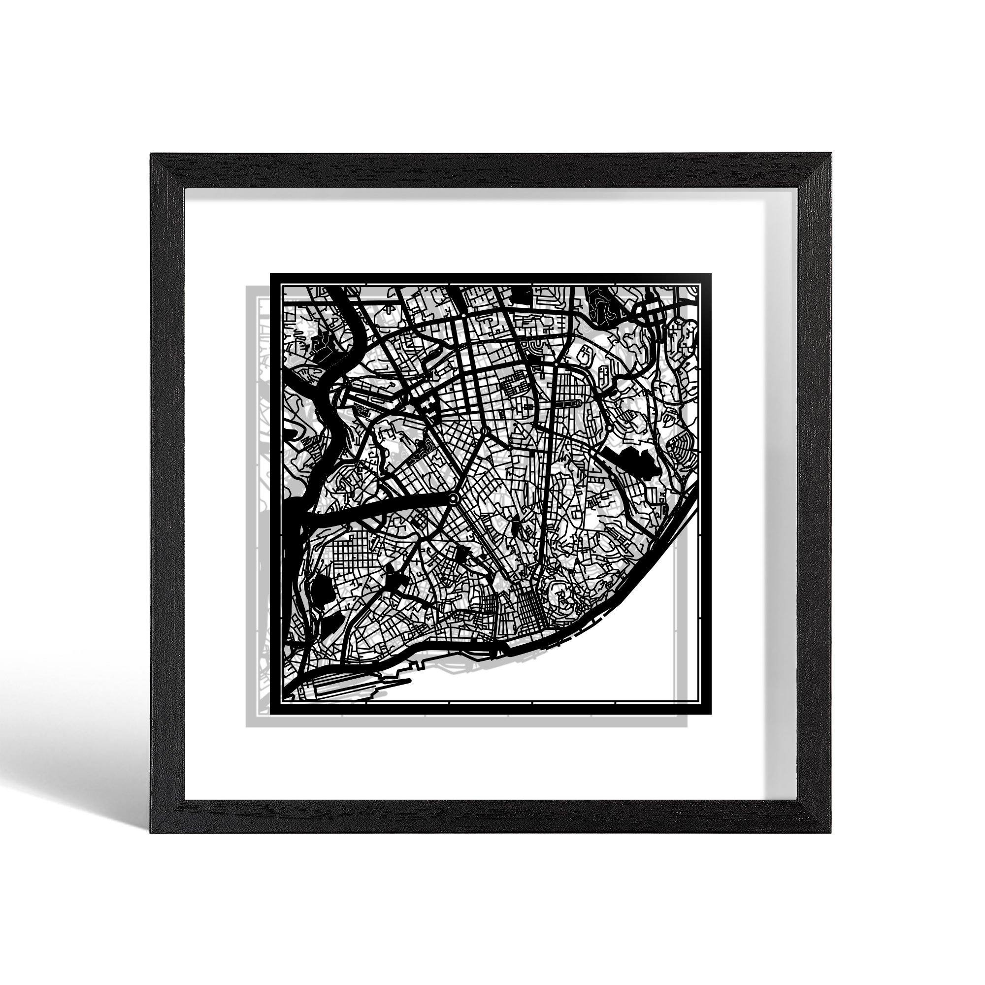 o3designstudio Lisbon Paper cut map framed 9 inch Black map Black frame map art 22MF3028BB