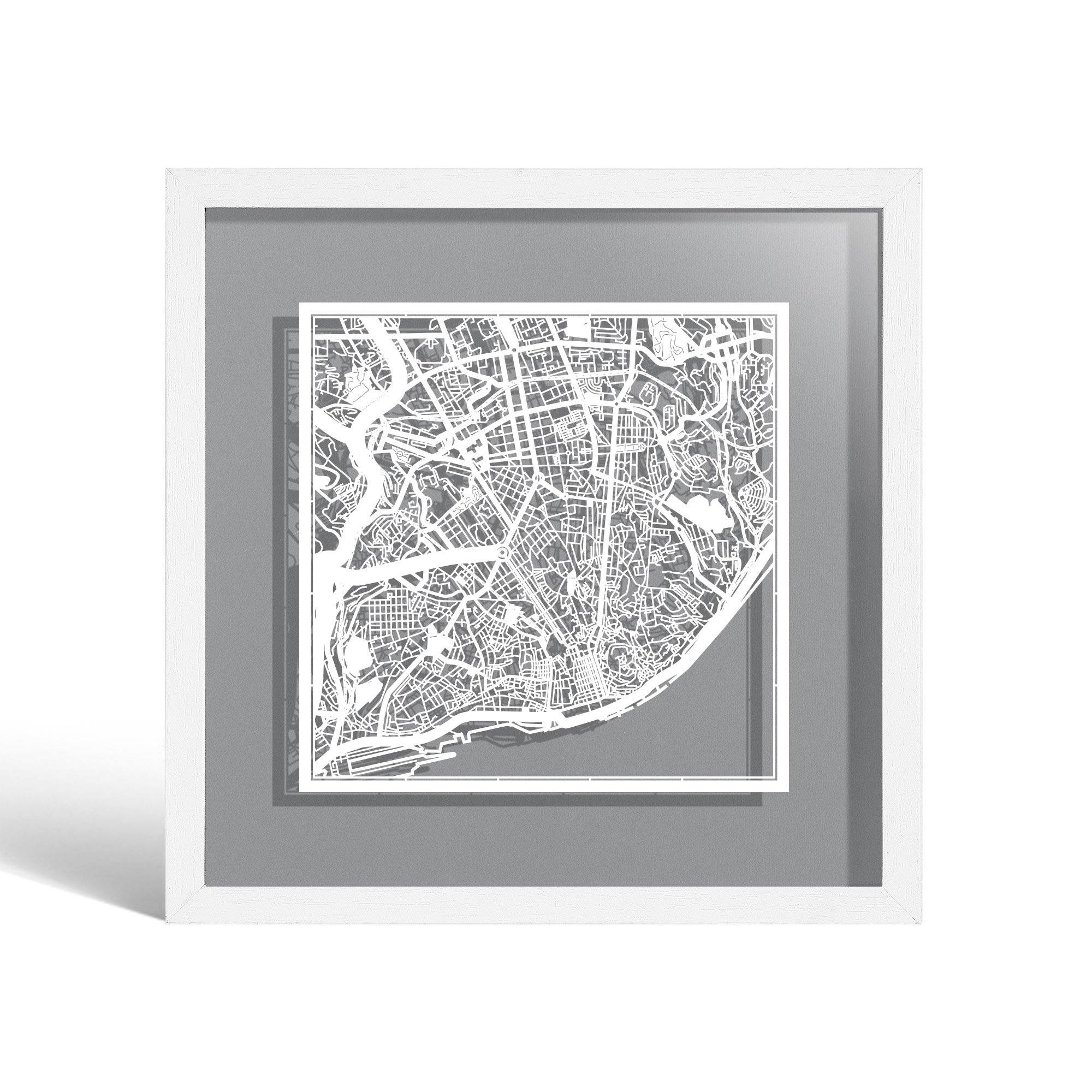 o3designstudio Lisbon Paper cut map framed 9 inch White map White frame map art 22MF3028WW