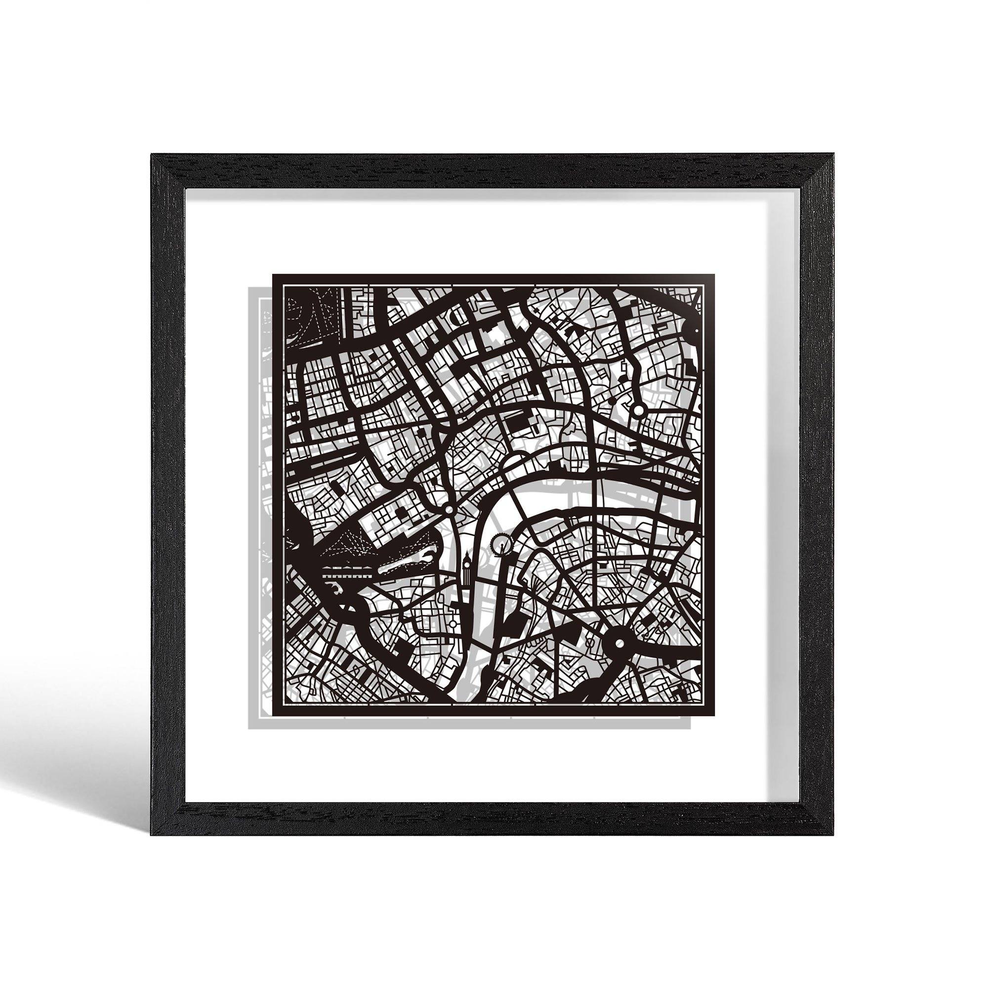 o3designstudio London Paper cut map framed 9 inch Black map Black frame map art 22MF3001BB