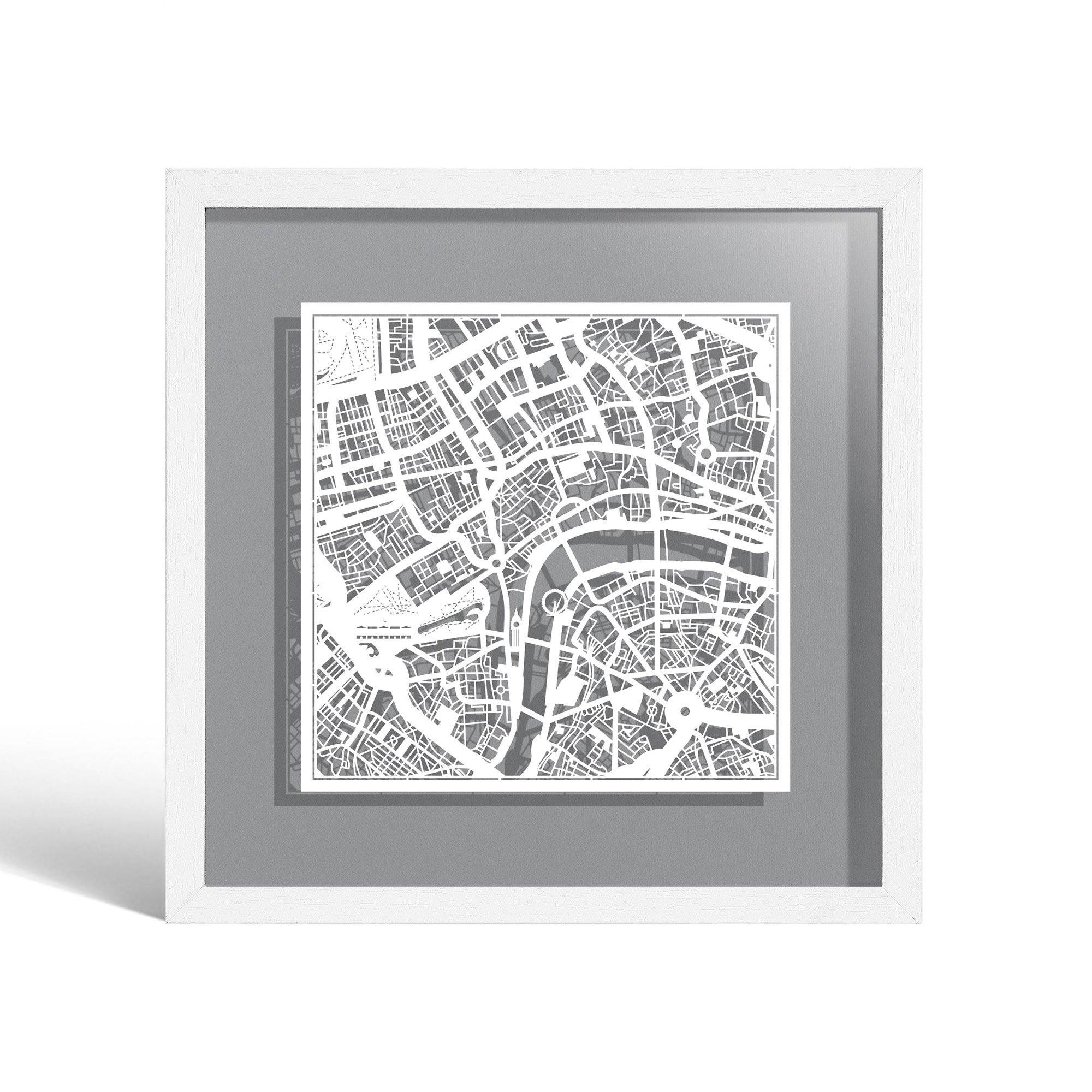o3designstudio London Paper cut map framed 9 inch White map White frame map art 22MF3001WW
