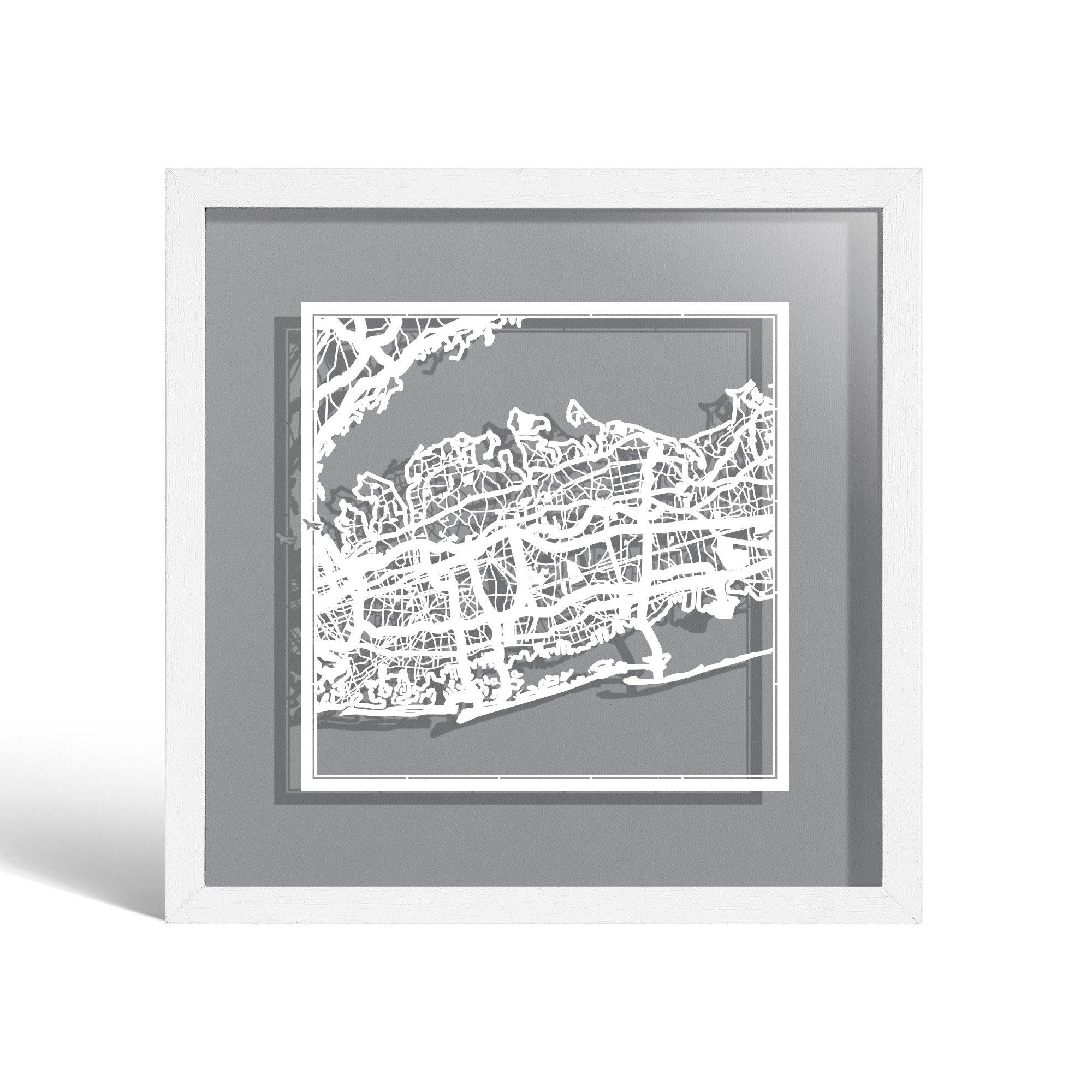 o3designstudio Long Island Paper cut map framed 9 inch White map White frame map art 22MF2029WW