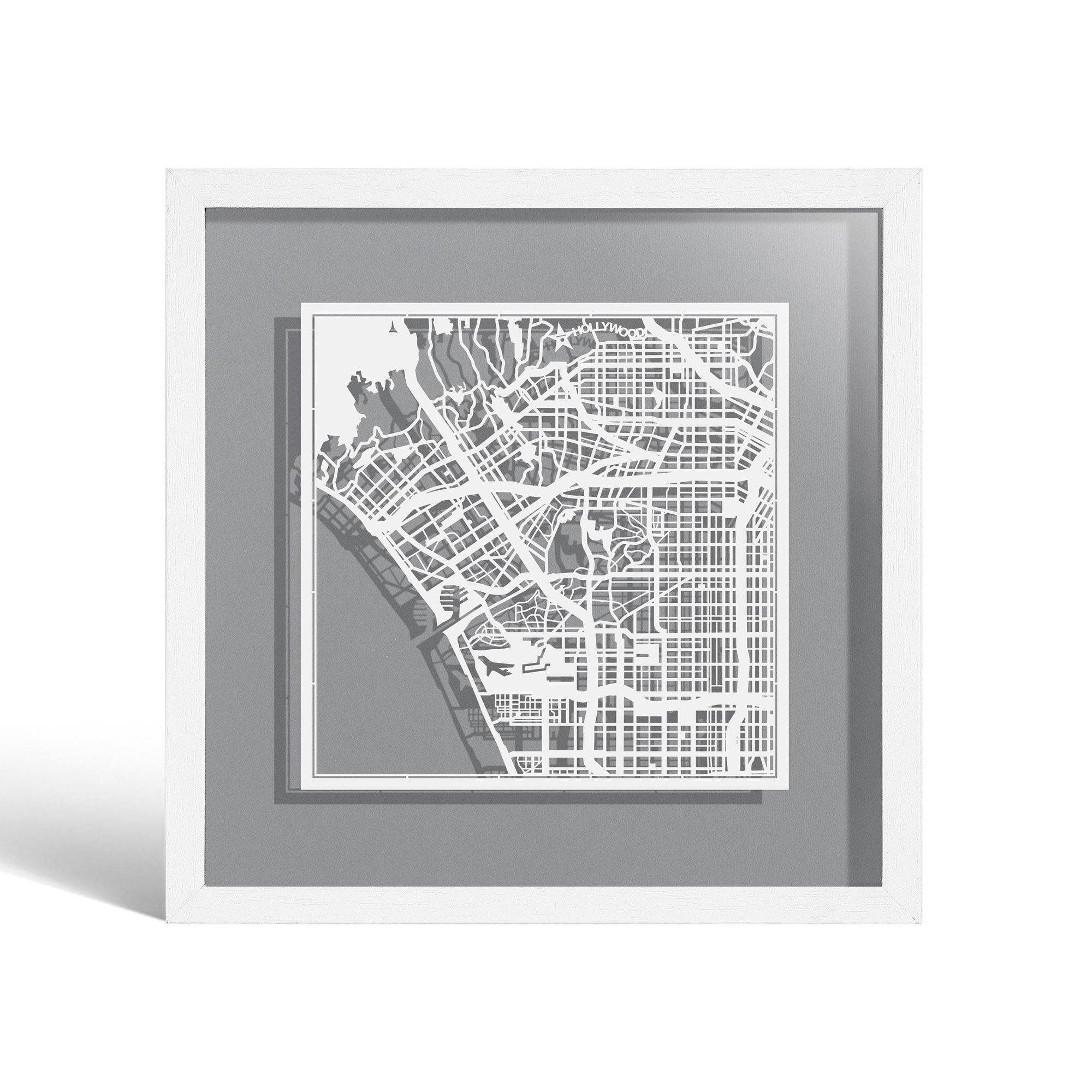 o3designstudio Los Angeles Paper cut map framed 9 inch White map White frame map art 22MF2008WW