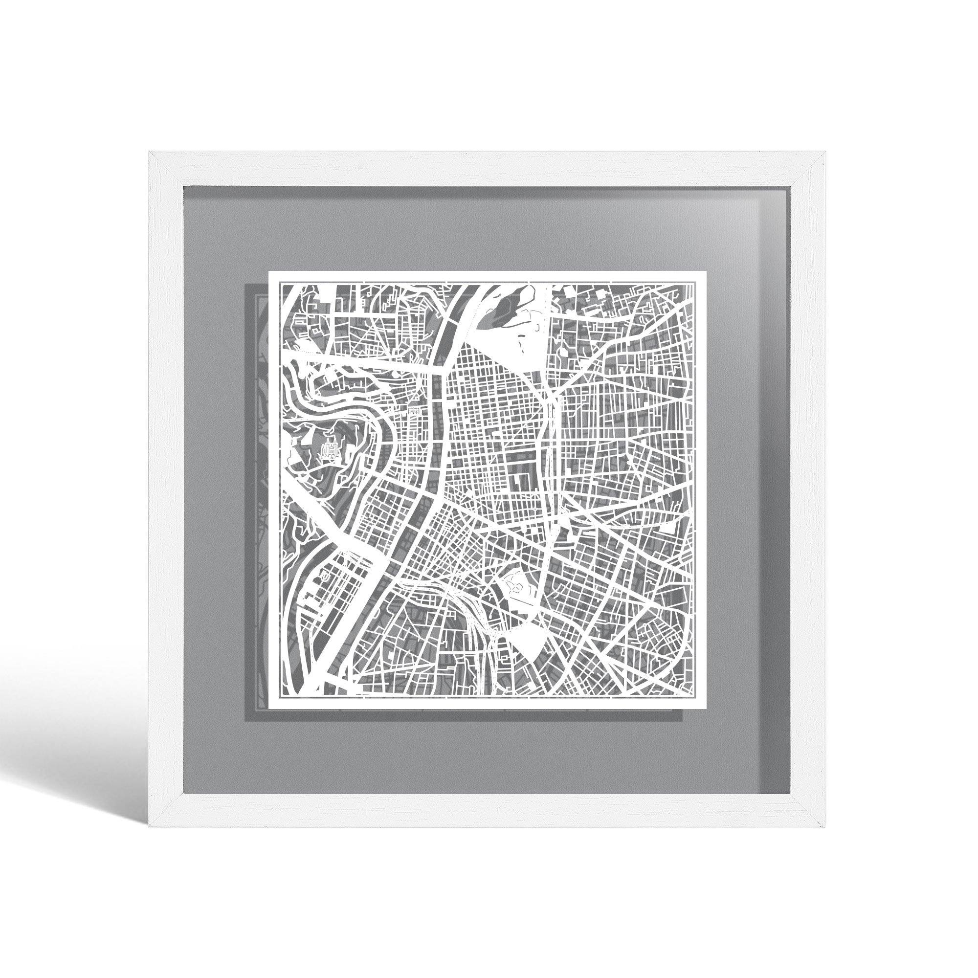 o3designstudio Lyon Paper cut map framed 9 inch White map White frame map art 22MF3029WW