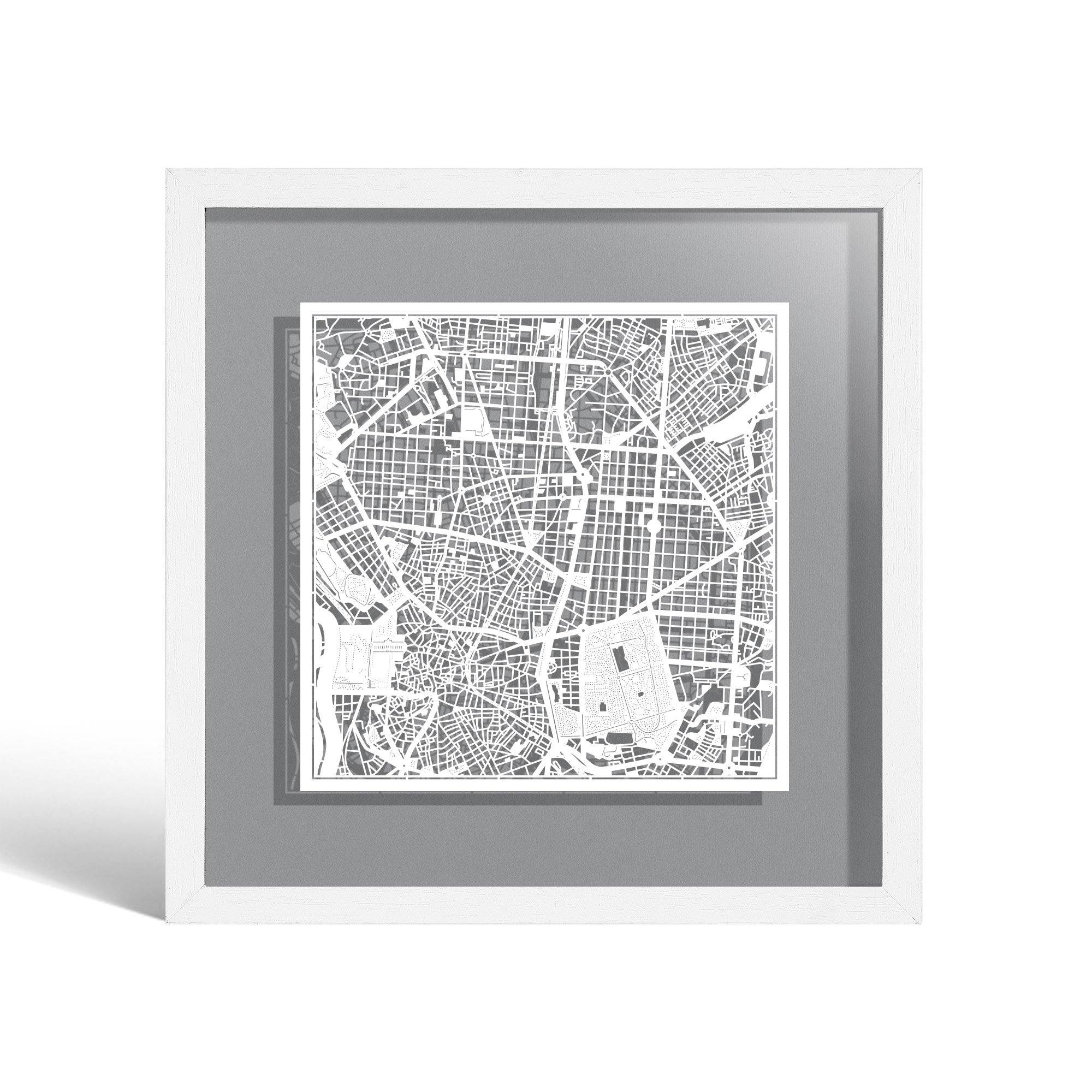 o3designstudio Madrid Paper cut map framed 9 inch White map White frame map art 22MF3011WW