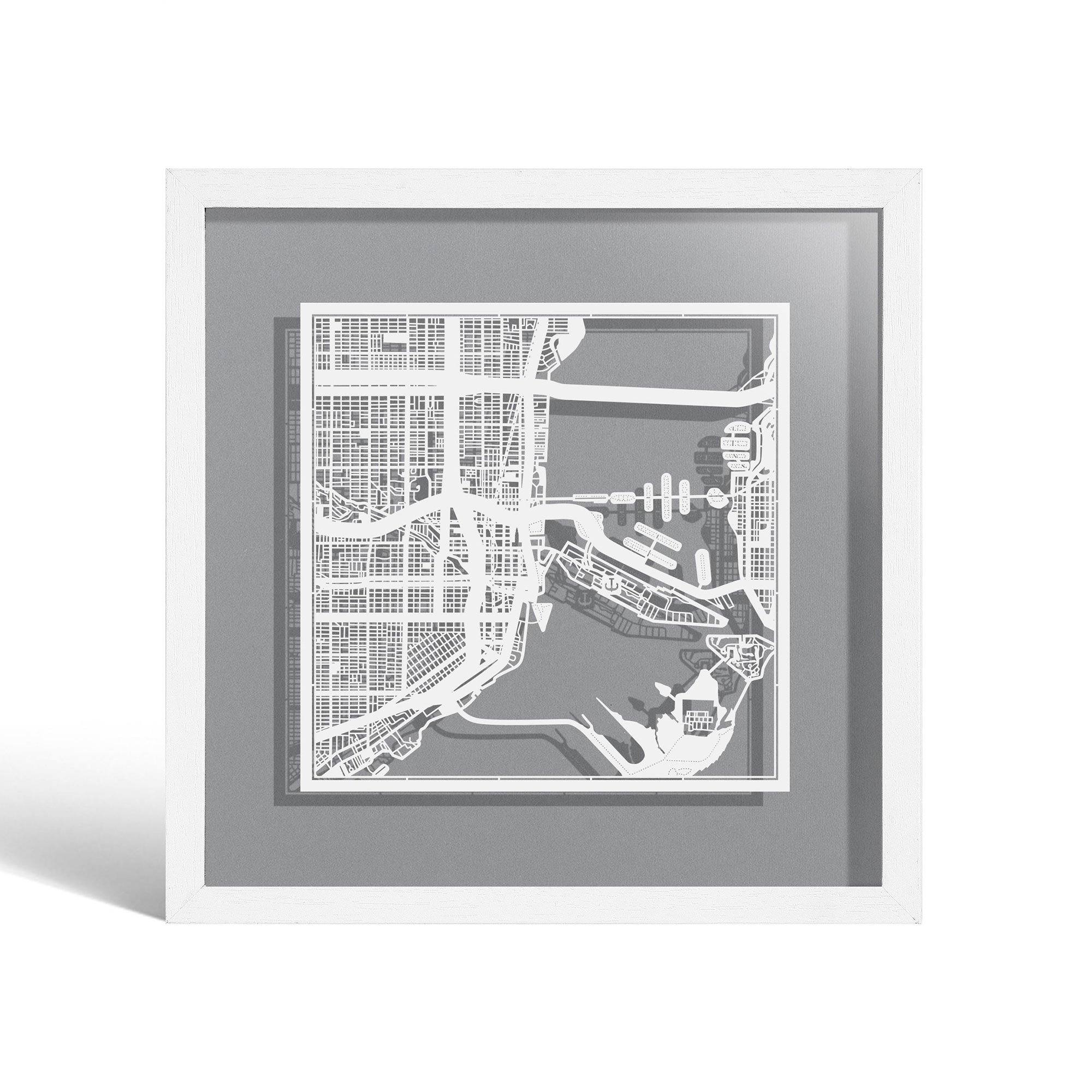 o3designstudio Miami Paper cut map framed 9 inch White map White frame map art 22MF2016WW