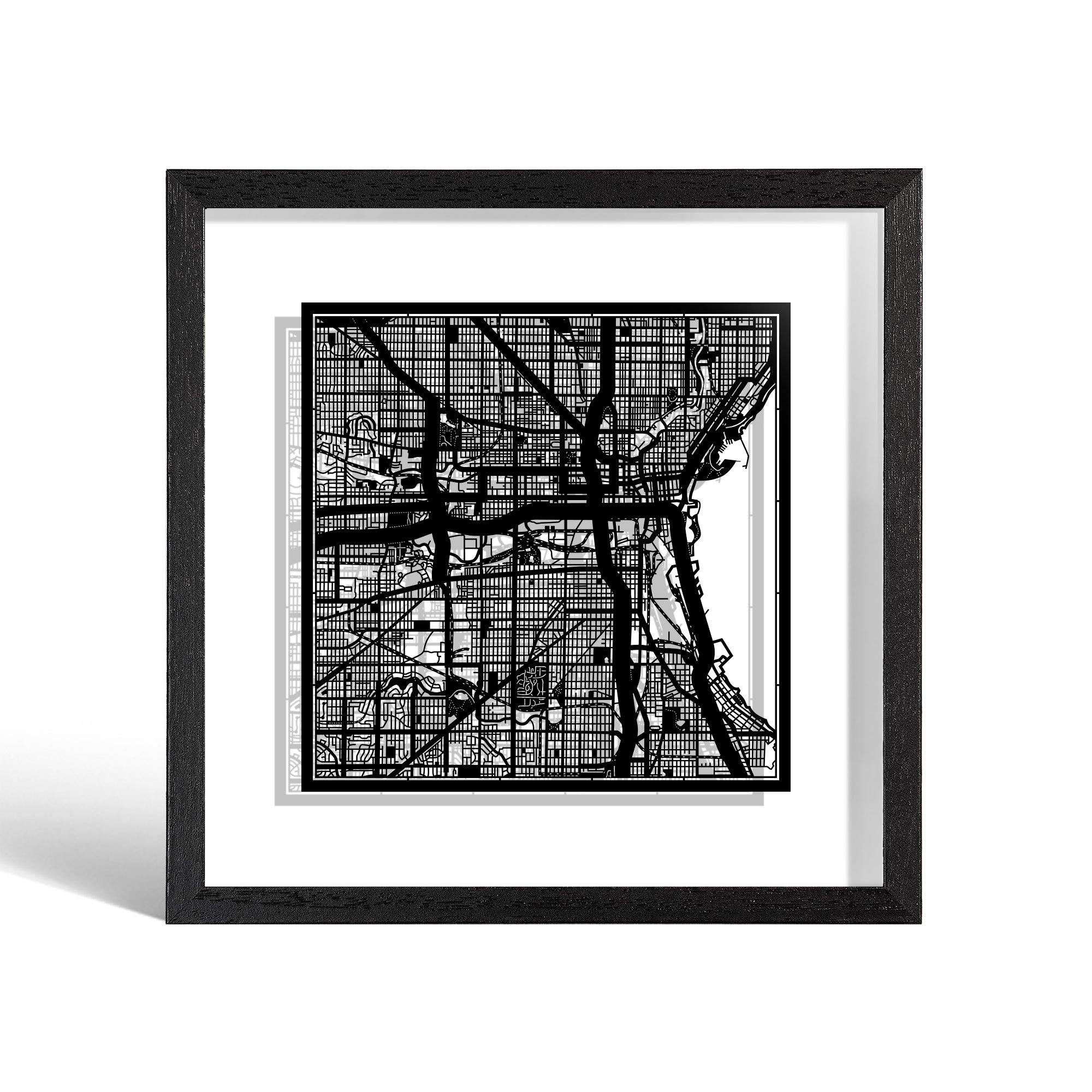 o3designstudio Milwaukee Paper cut map framed 9 inch Black map Black frame map art 22MF2010BB