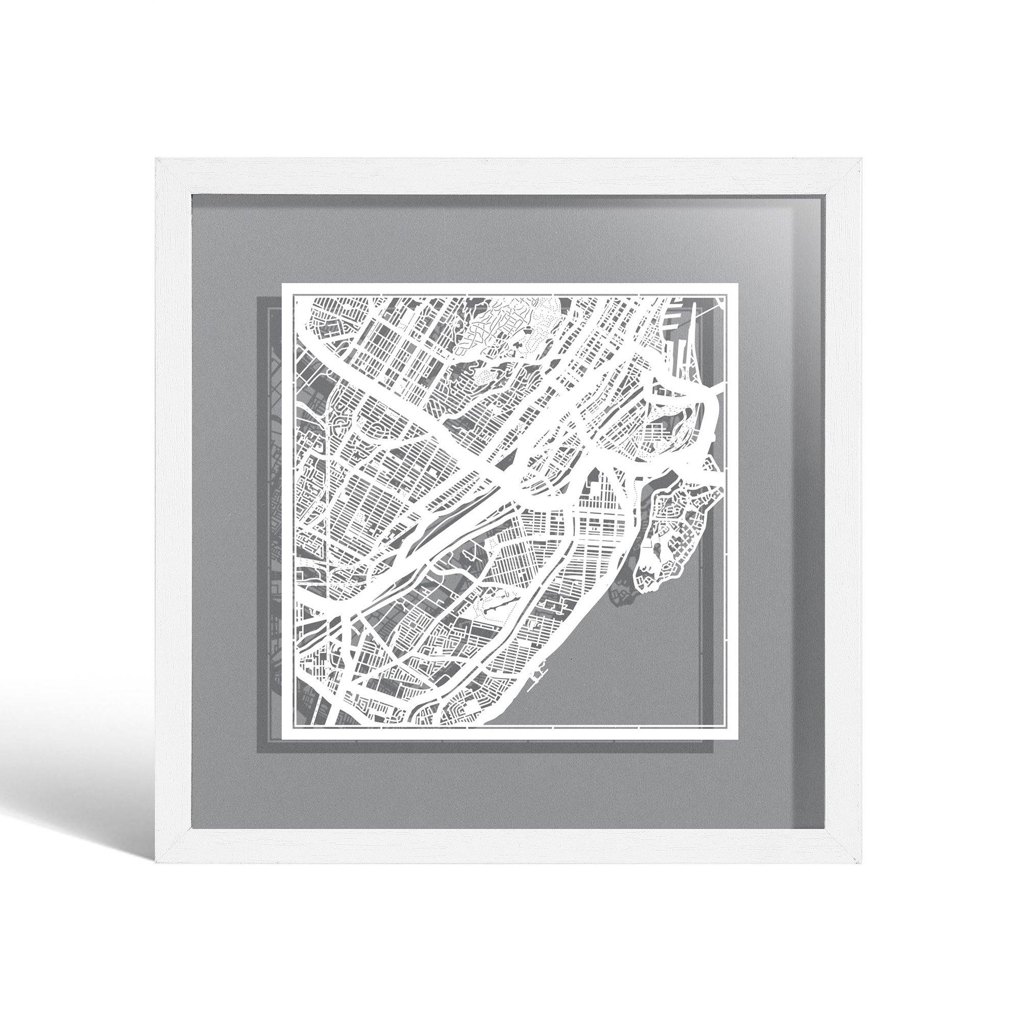 o3designstudio Montreal Paper cut map framed 9 inch White map White frame map art 22MF2203WW